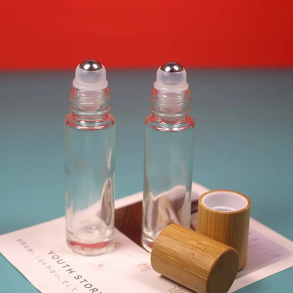 COSIDEA 18 bottiglie a rullo in bambù da 10 ml con tappo in bambù per oli essenziali, vuote, in vetro, per profumo, trasparenti