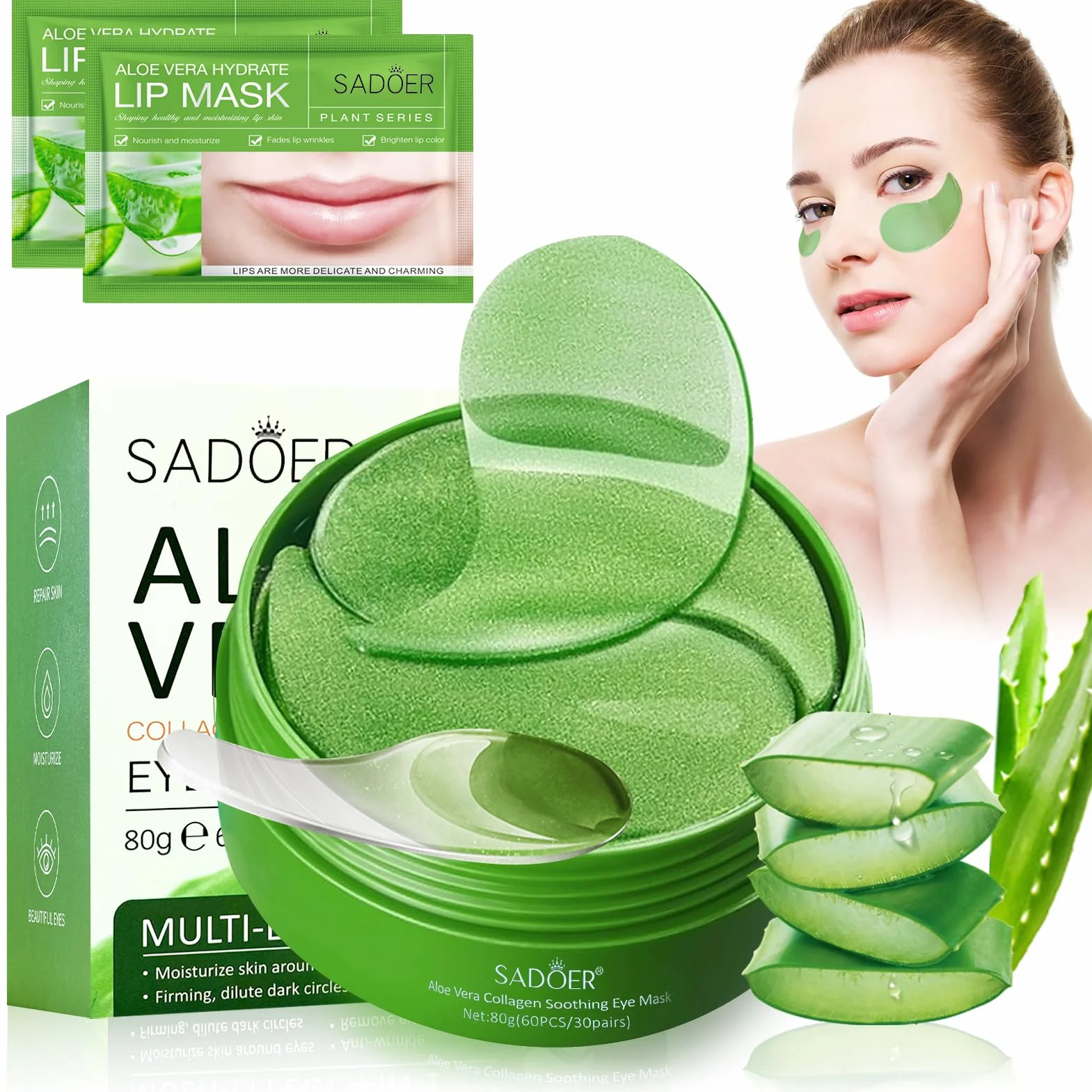 60 Pezzi Aloe Vera Maschera Occhi, Collagene Patch Occhi con Maschera per le Labbra, Patch Occhiaie e Borse, Anti-Rughe e Anti-Occhiaie, Rimuovi Borse e Puffiness, Idrata Anti-Età