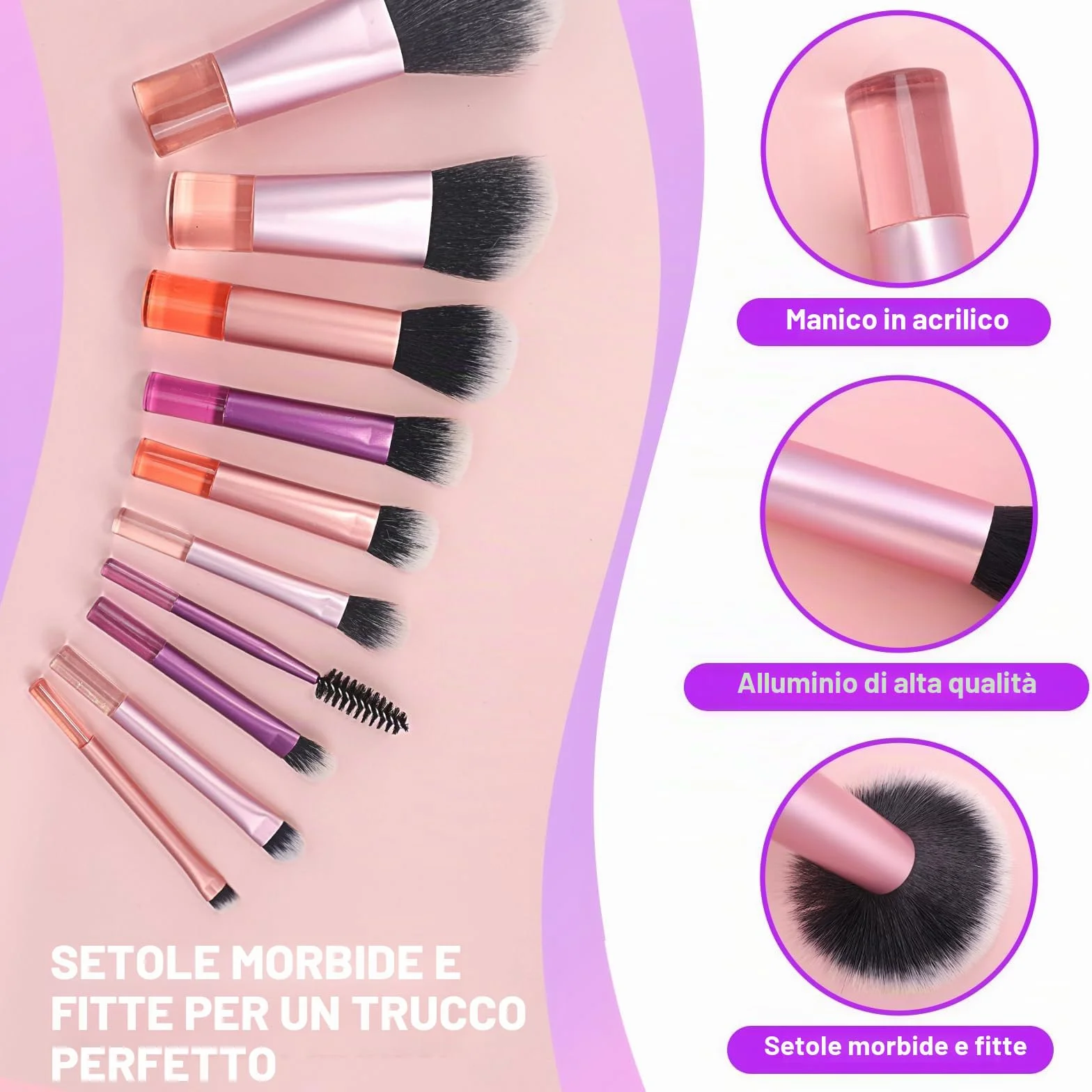 Mini Set di Pennelli per il Trucco, Set di Pennelli per il Trucco da 10 Pezzi da Viaggio con Borsa in Pu, Set di Pennelli per Cosmetici Portatile per Viaggi d'Affari, Vacanze, Campeggio (Rosa e Viola)