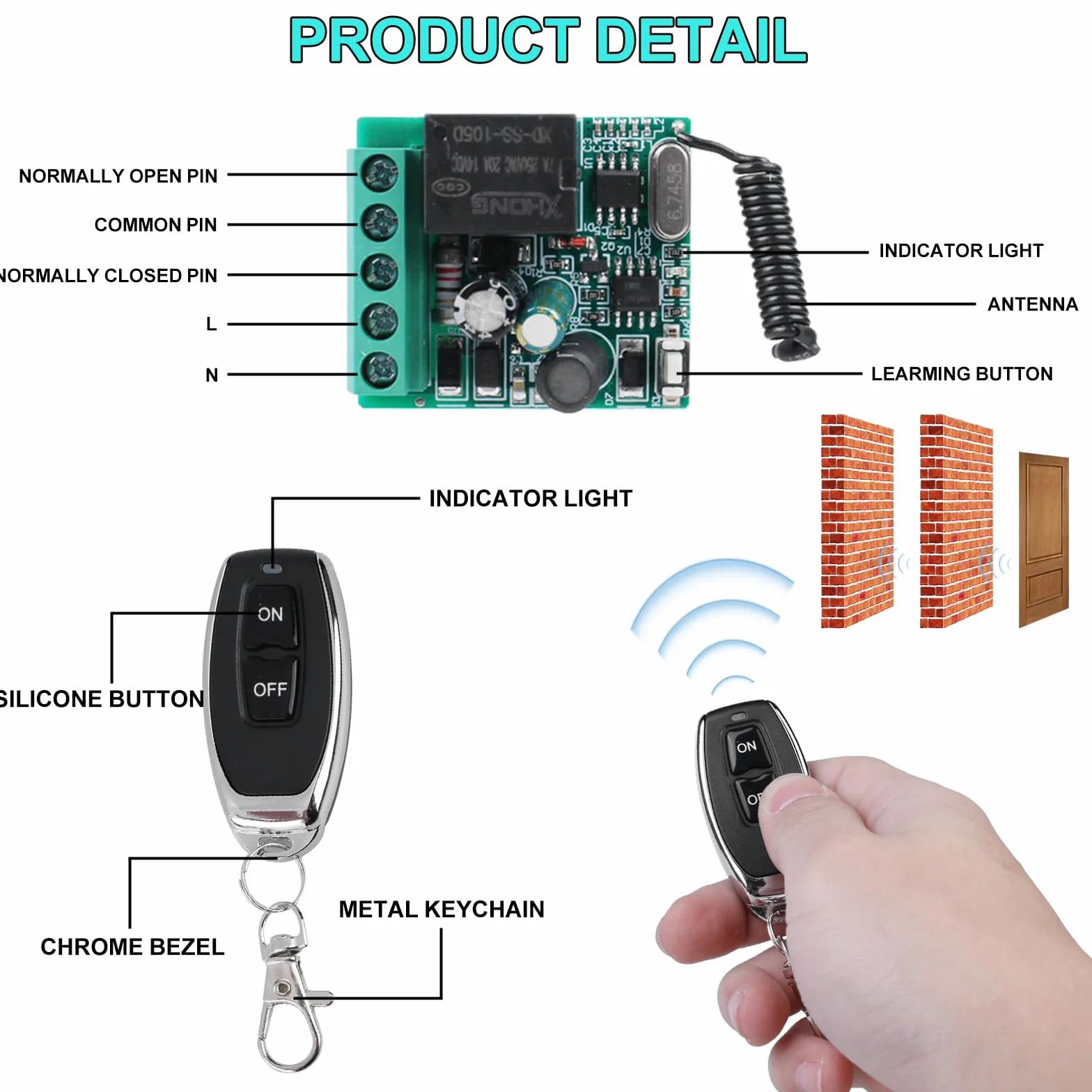 433MHz Telecomando Senza Fili 1 Canale AC 220V 230V Ricevitore Relè RF con 2 Trasmettitori per Porta del Garage