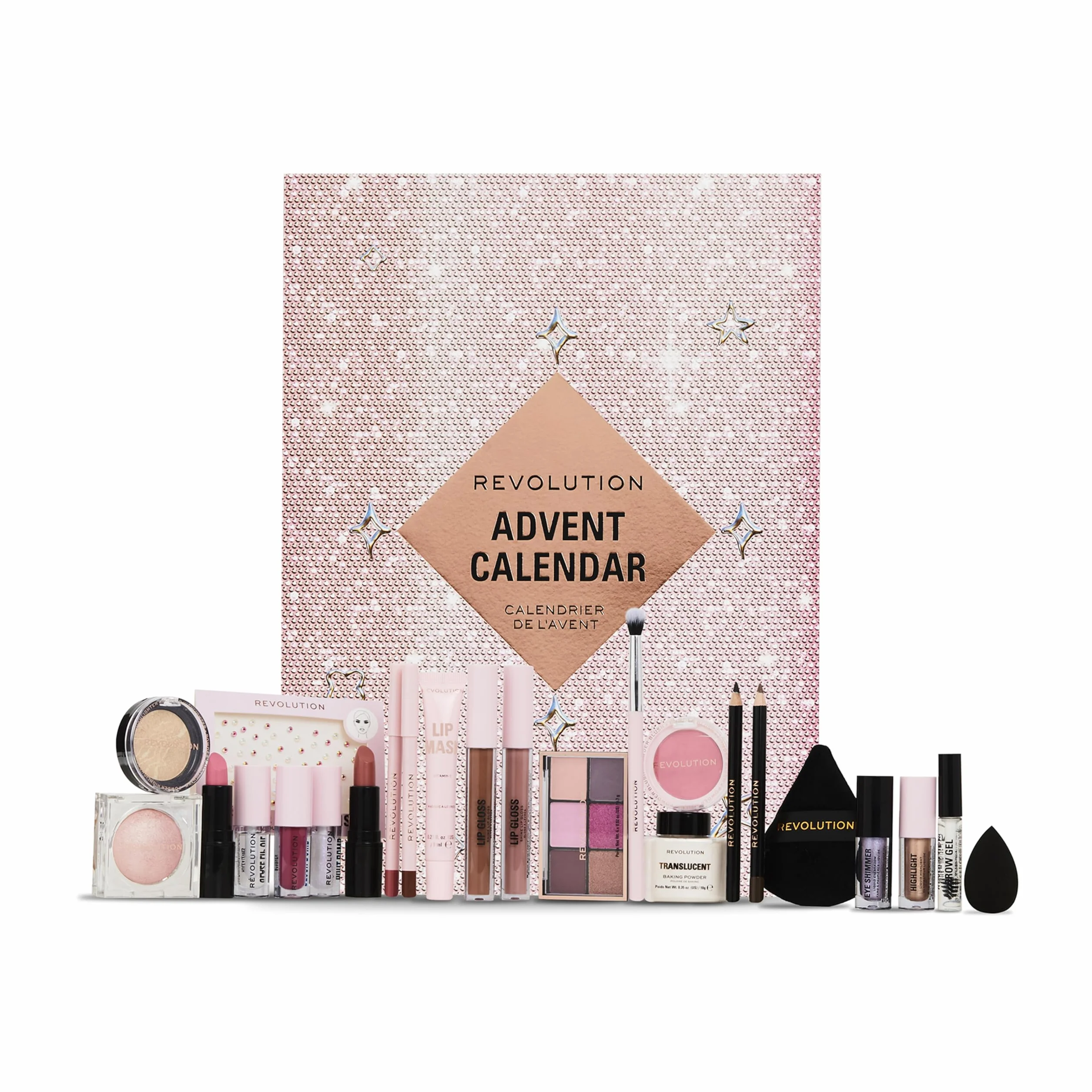 Revolution Beauty Calendario dell'Avvento di 24 prodotti, set regalo con lucidalabbra, maschere per labbra, pennelli e gel per sopracciglia, vegan e cruelty free