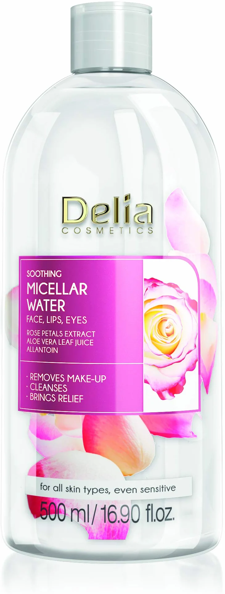 Delia Cosmetics – Acqua micellare lenitiva – Detergente viso con estratto di petali di rosa e allantoina – Pelle pulita, morbida, fresca e lenita – Per pelle secca e disidratata – 500 ml