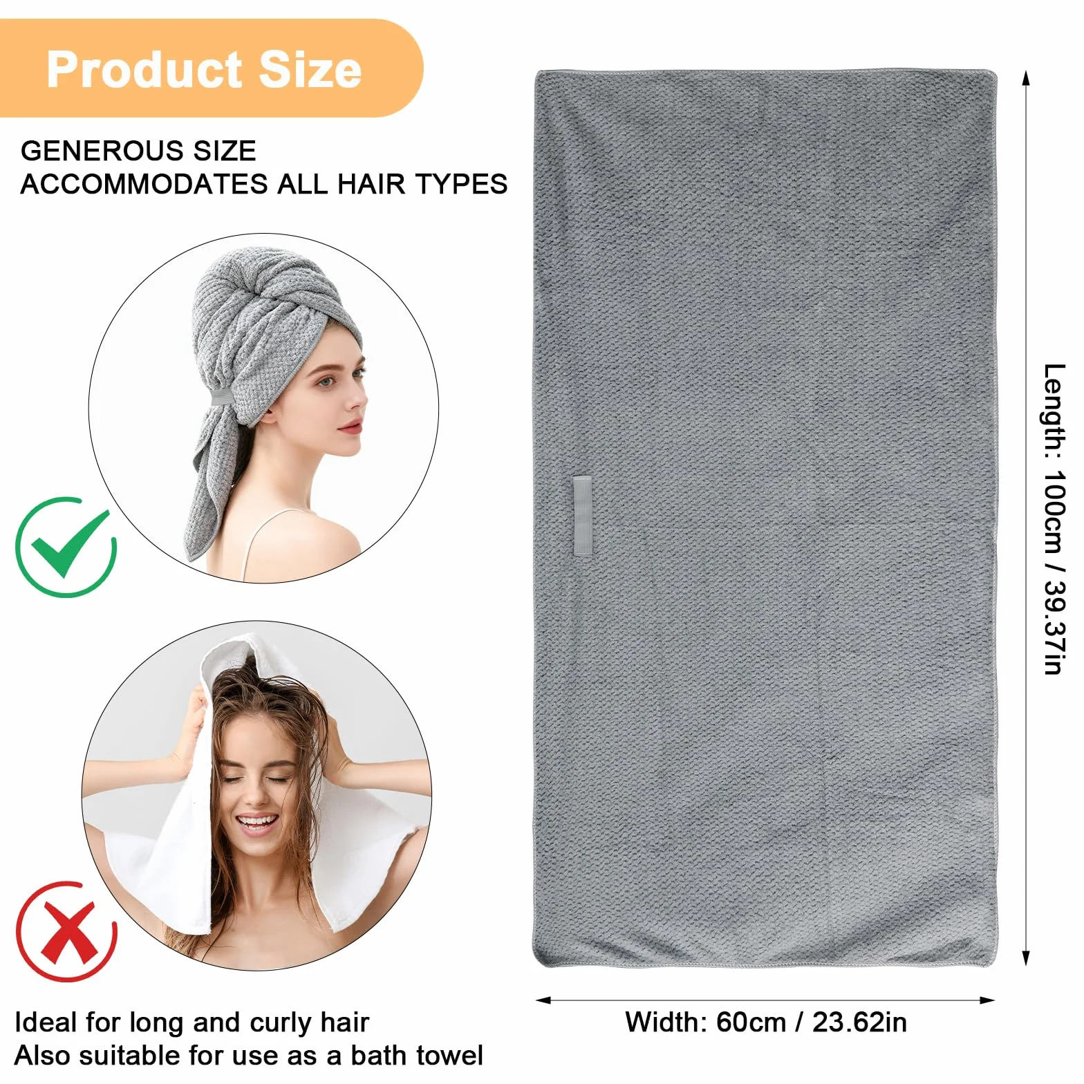 2 asciugamano microfibra capelli, turbante asciugacapelli grigi con elastico, rapida e super assorbenti per capelli lunghi (100 x 60 cm)