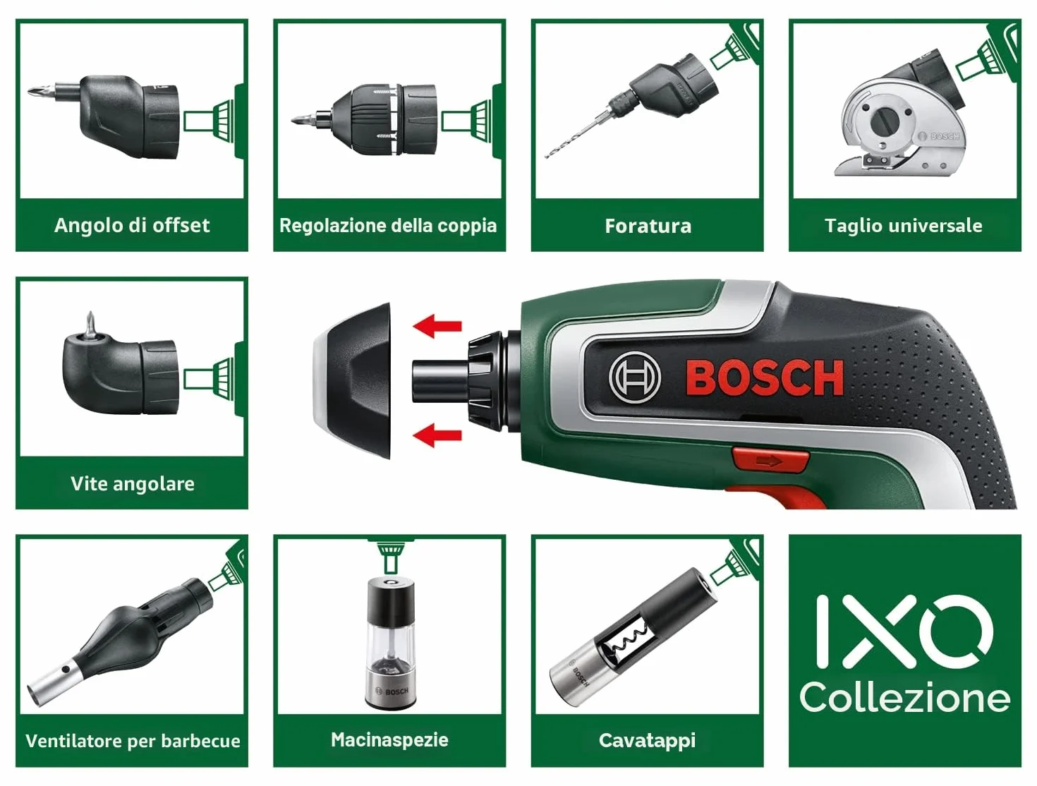 Bosch Cacciavite a batteria compatto IXO set 7a generazione 3,6 V 2.0 Ah 5,5 Nm con attacco testa ad angolo