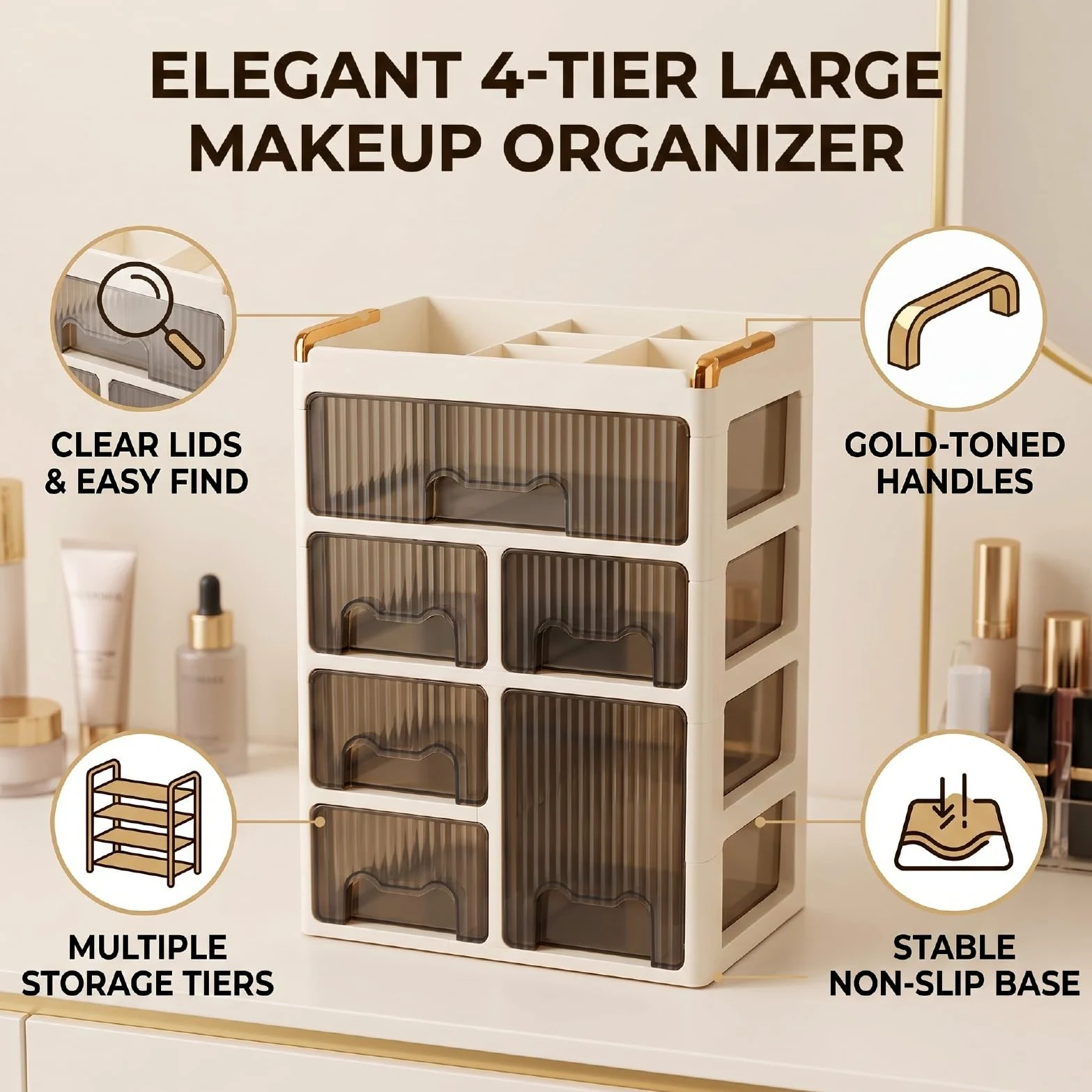 RIZGHWOY Organizer per Trucco Acrilico a 4 Livelli, Piano di Lavoro con Maniglie Dorate