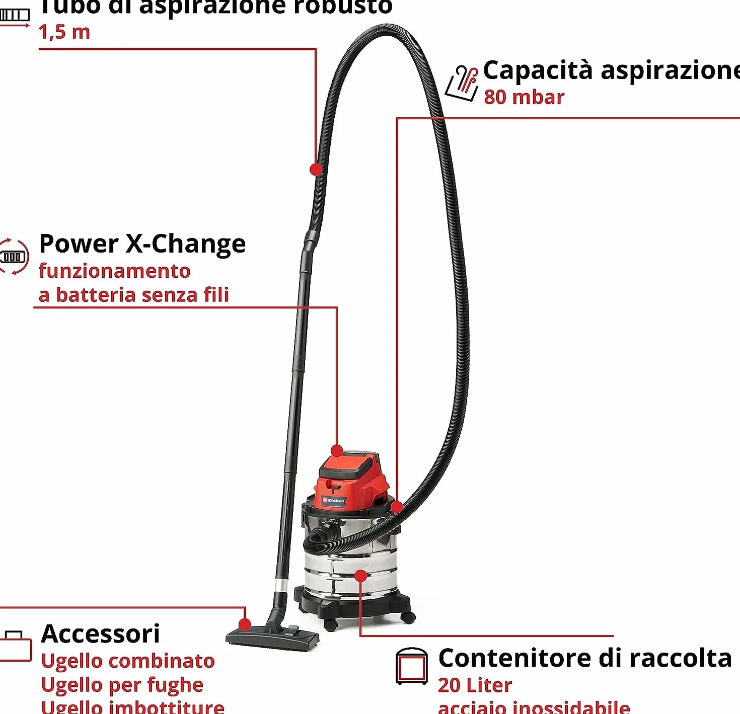 Einhell TC-VC 18/20 Li S-Solo Aspirapolvere a secco e umido 18 V 20 l contenitore in metallo Power X-Change