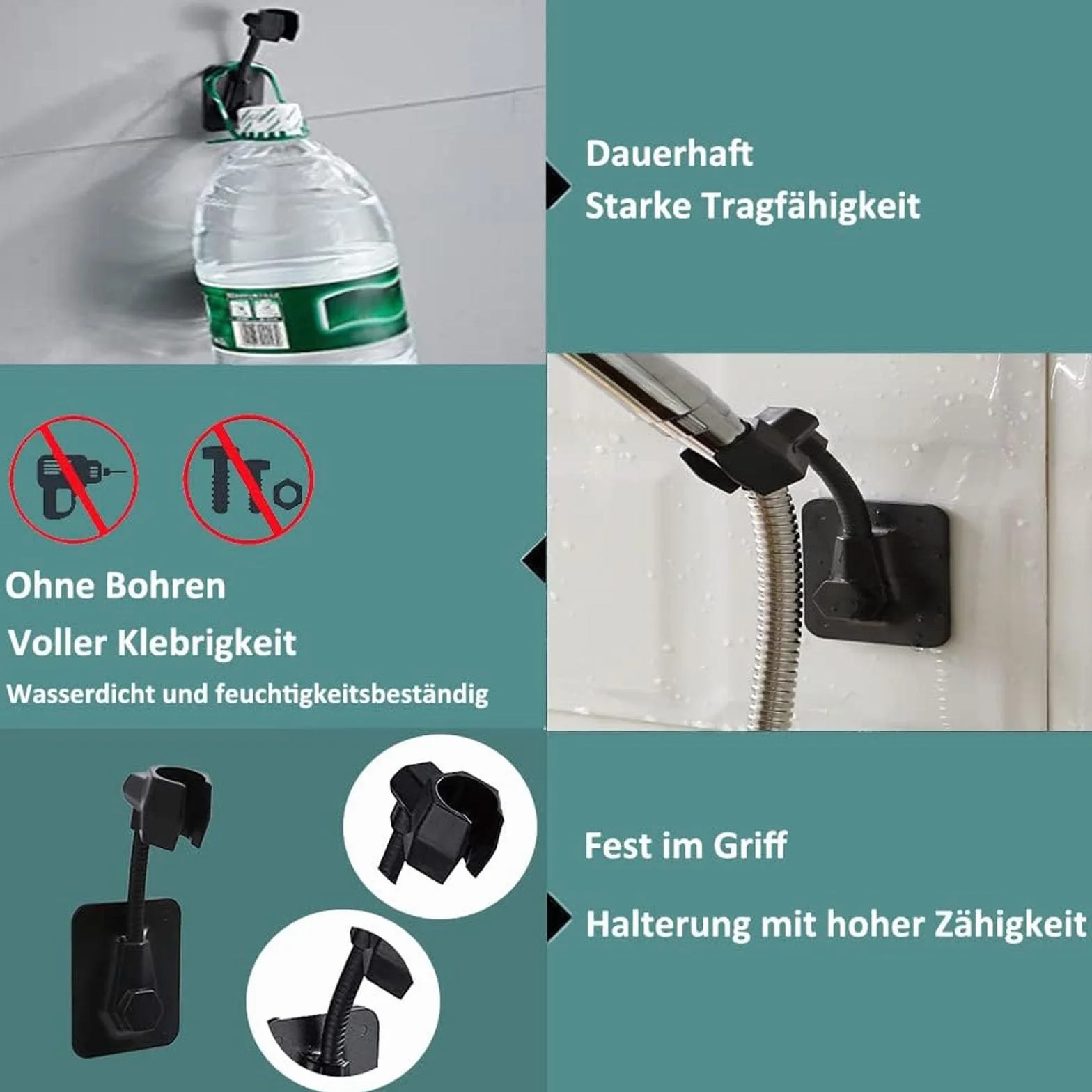 Staffa Supporto Doccia Regolabile 360º, Supporto Soffione No Punch, Senza Foratura, Nero