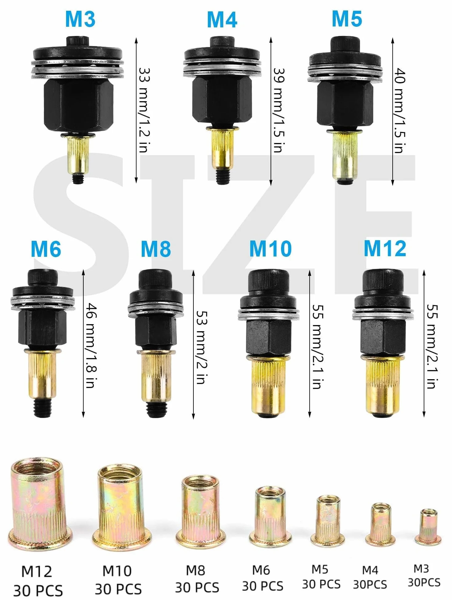 Set Rivettatrice Manuale 217 Pezzi Inserti Filettati M3 M4 M5 M6 M8 M10 M12 Nero