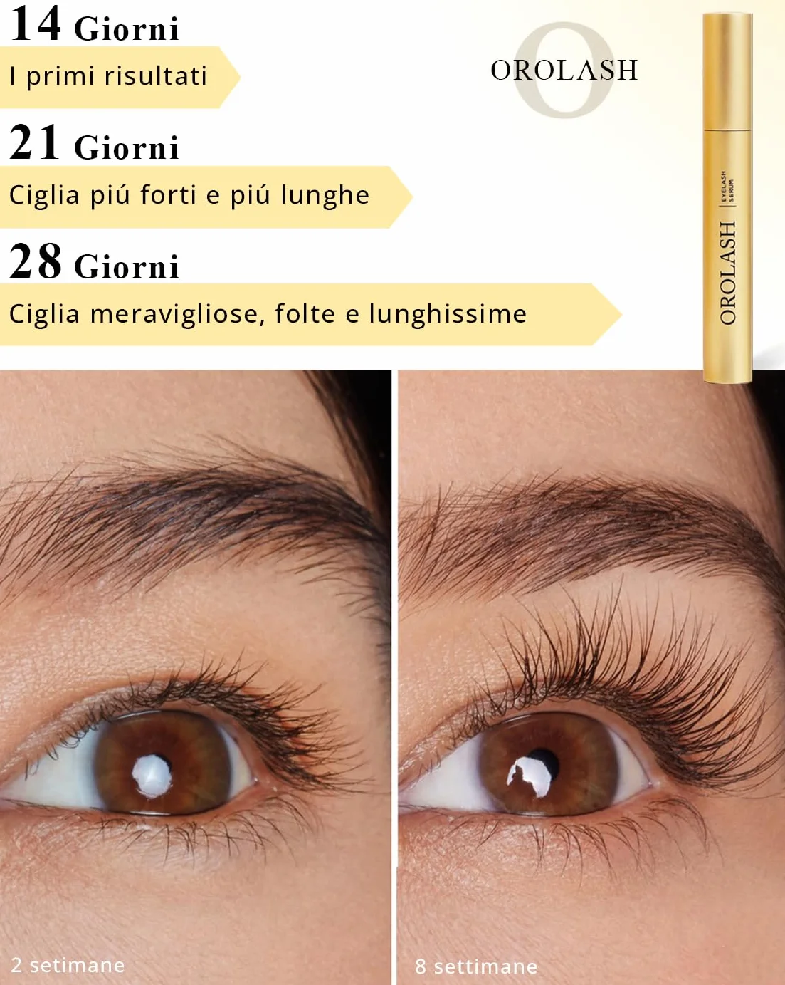 Siero Ciglia Allungante e Volumizzante OROLASH 3ML (3 mesi) | Ideale Per Infoltimento Ciglia e Sopracciglia | 100% EFFICACE