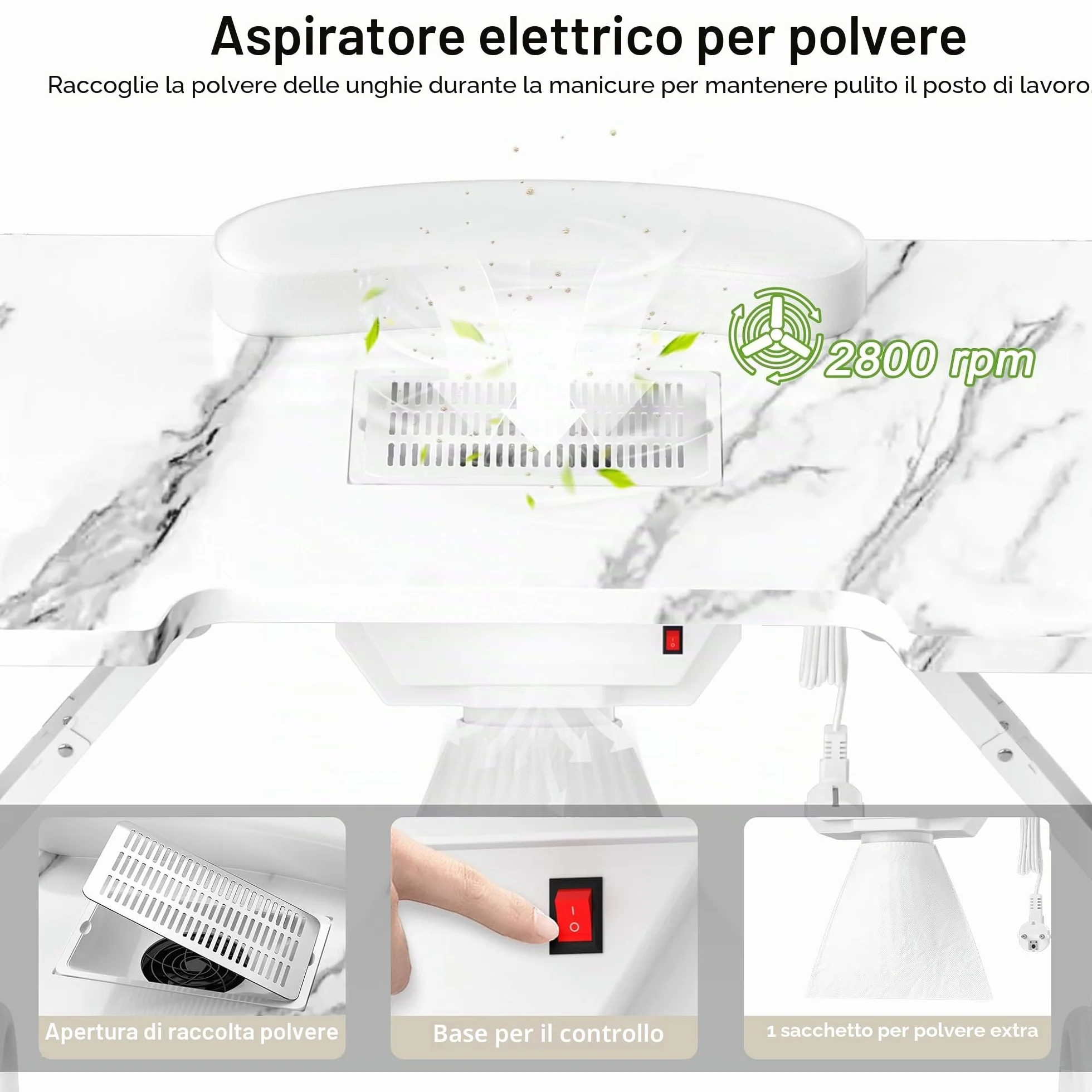 Tavolo da manicure FIVMEN con aspirazione Pieghevole Tavolo per manicure Tavolo per manicure per studio di unghie con aspirazione della polvere e 4 ruote per saloni di bellezza, bianco