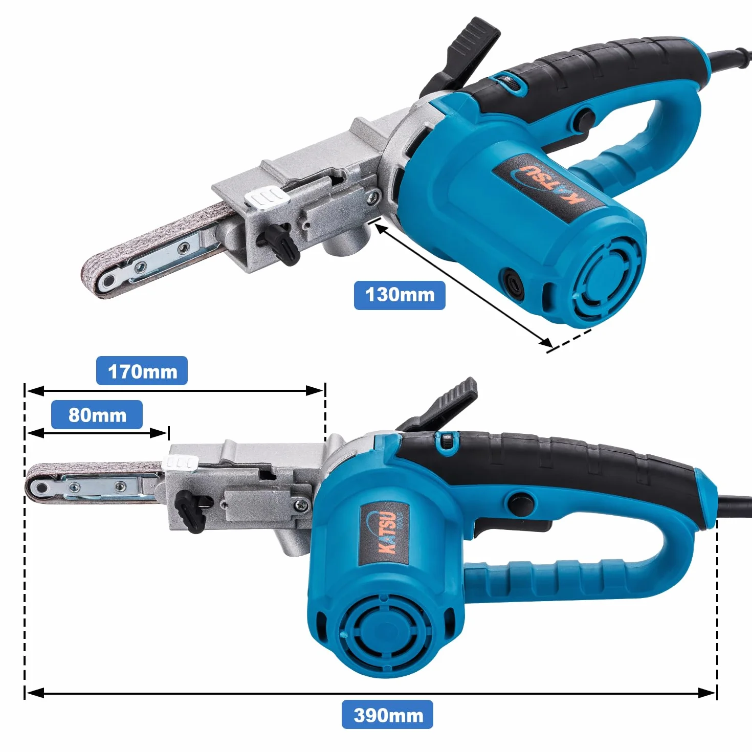 KATSU Tools Levigatrice a nastro elettrica 400 W, levigatura e lucidatura, include nastri abrasivi e sacchetto polvere