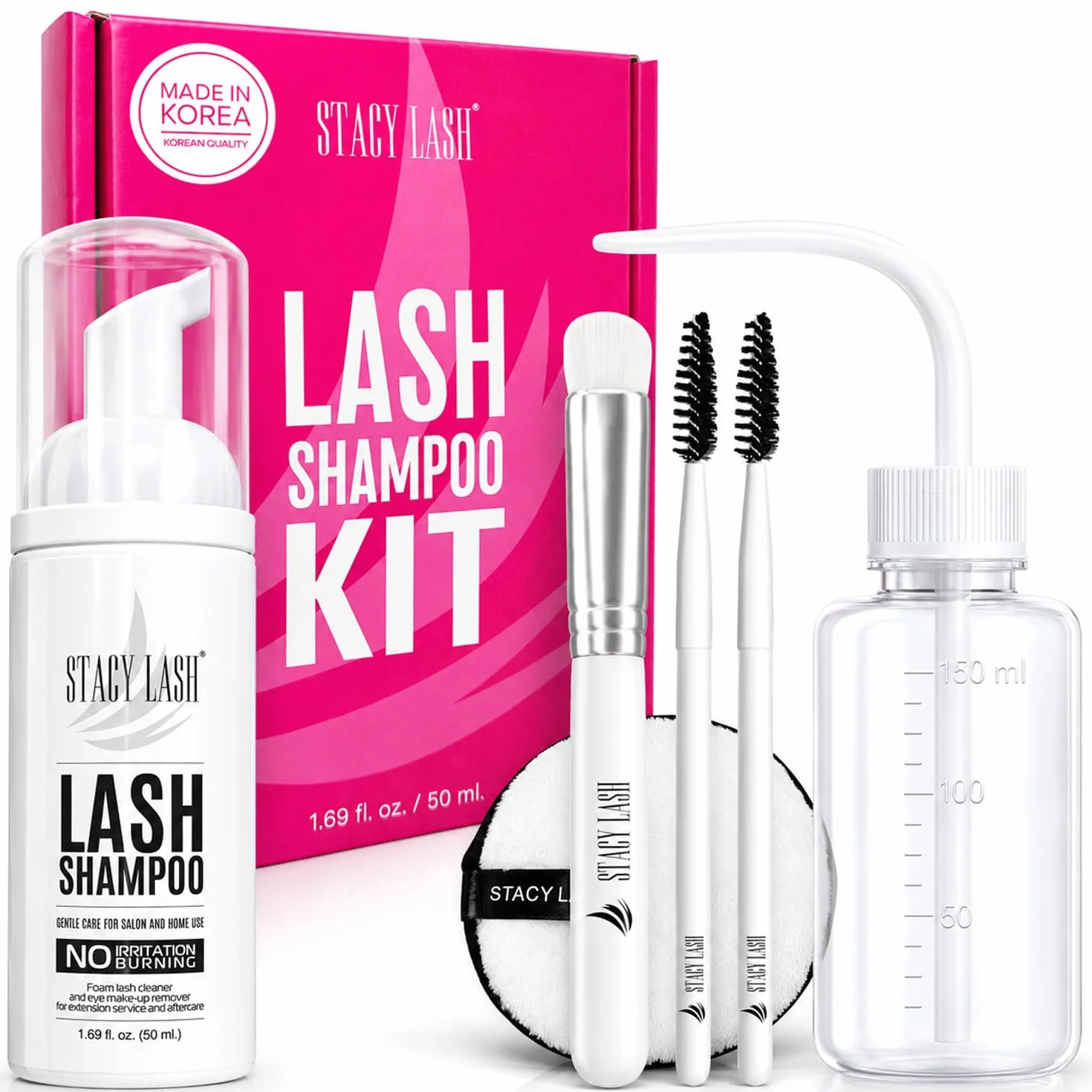 STACY LASH Kit di shampoo per ciglia da 50 ml, detergente schiumogeno con bobine di ciglia e flacone per risciacquo, tampone detergente e pennello per extension di ciglia, ciuffetti e ciglia naturali