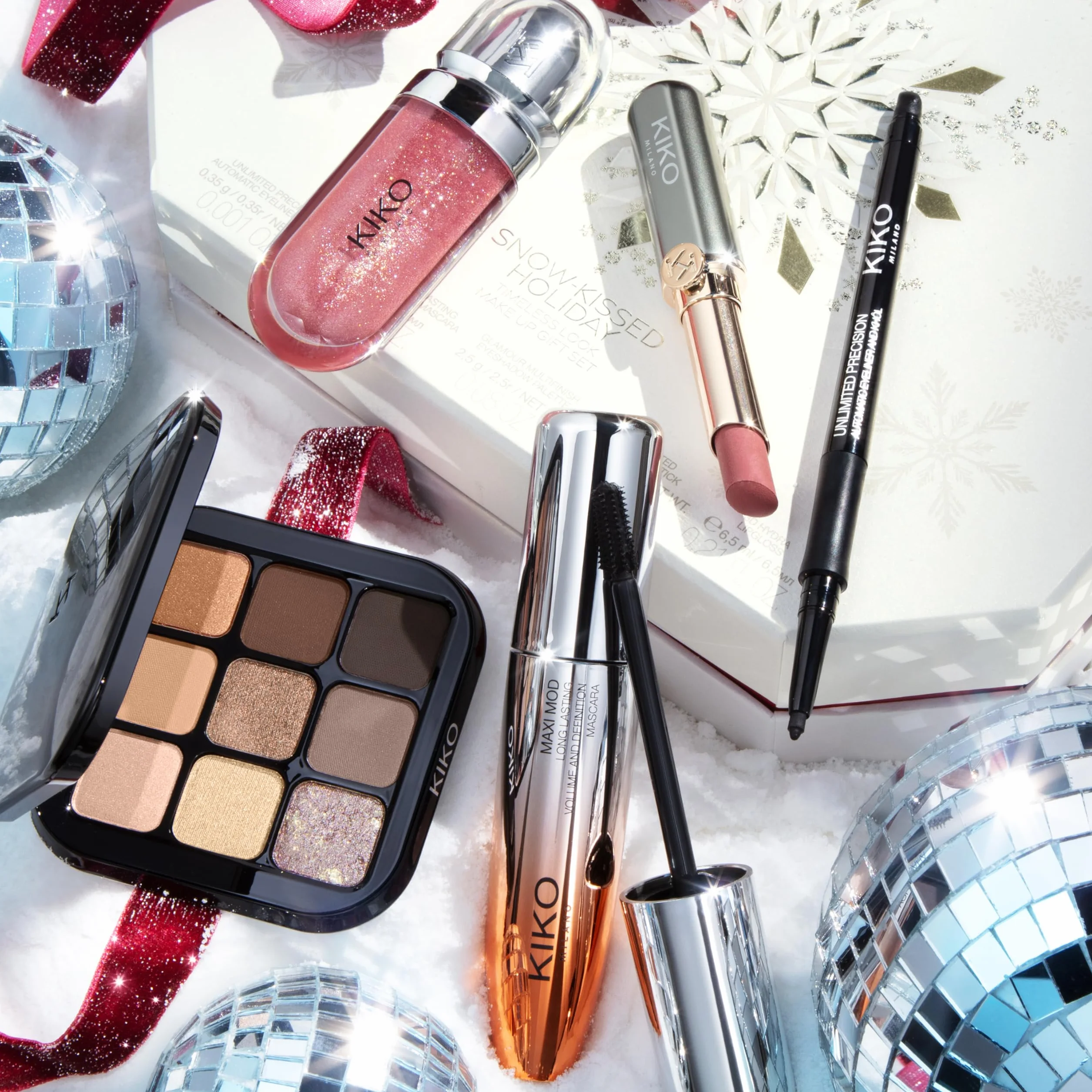 KIKO Milano Snow-Kissed Holiday Timeless Look Makeup Gift Set, Gift Set Makeup: Mascara Effetto Volume, Eyeliner, Palette Ombretti, Lucidalabbra E Rossetto