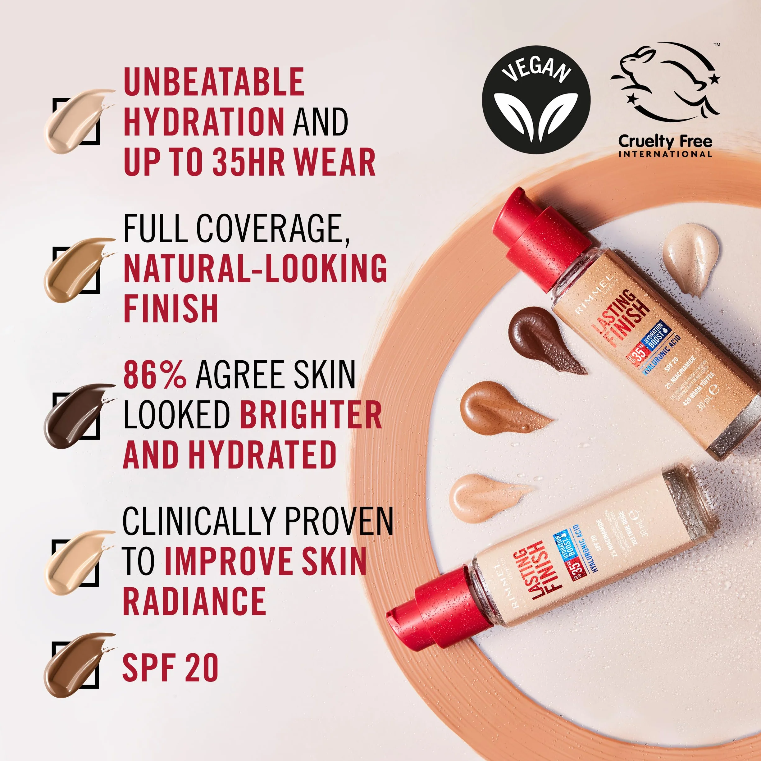 Rimmel London Lasting Finish 35H, 203 True Beige, fondotinta, lunga tenuta, idratante, formula vegana, alta coprenza, 30ml