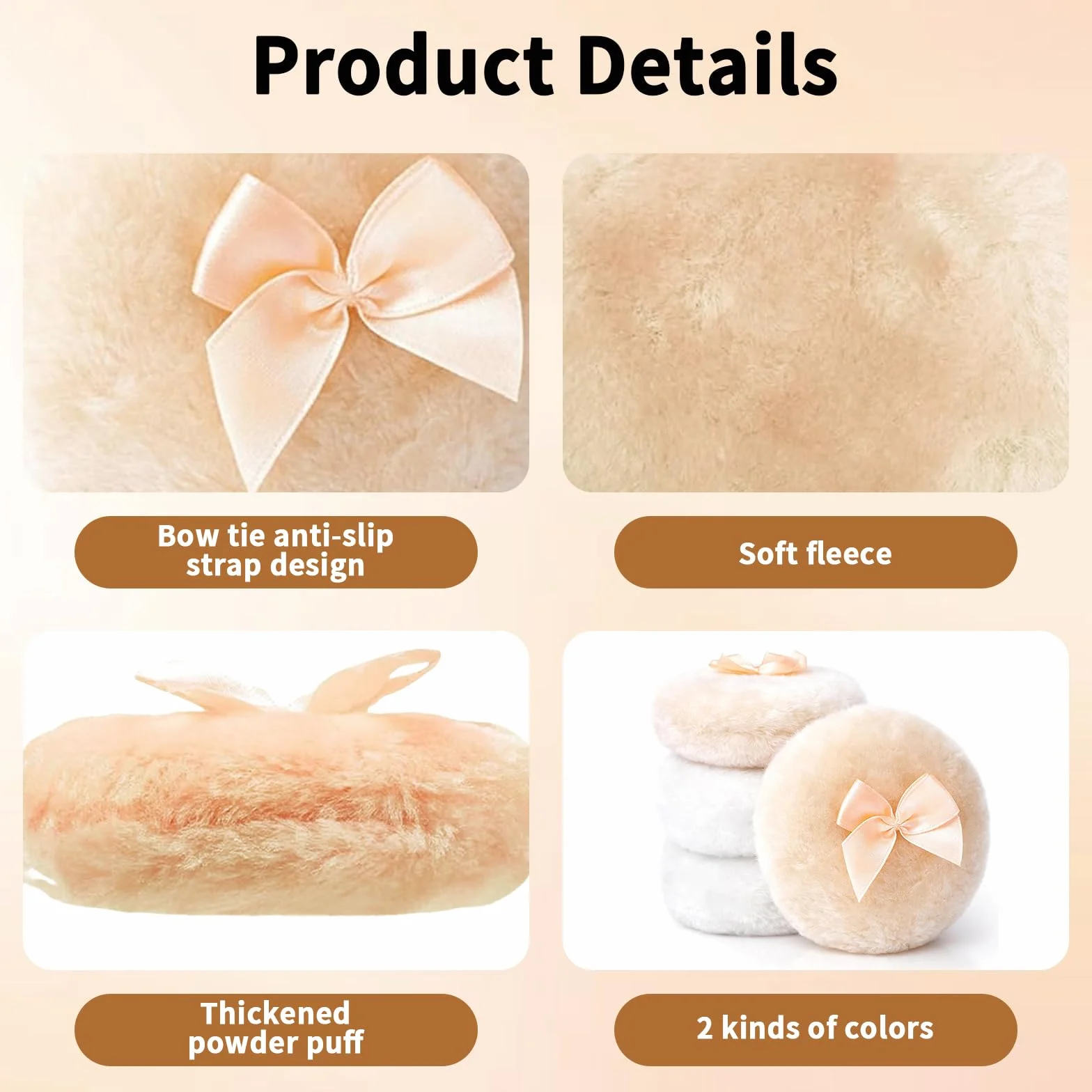 Piumino per Cipria Grande Set 4 Pezzi Piumino per Polvere Corporea Morbido Fluffy Lavabile con Nastro per Trucco Donna Bianco Beige