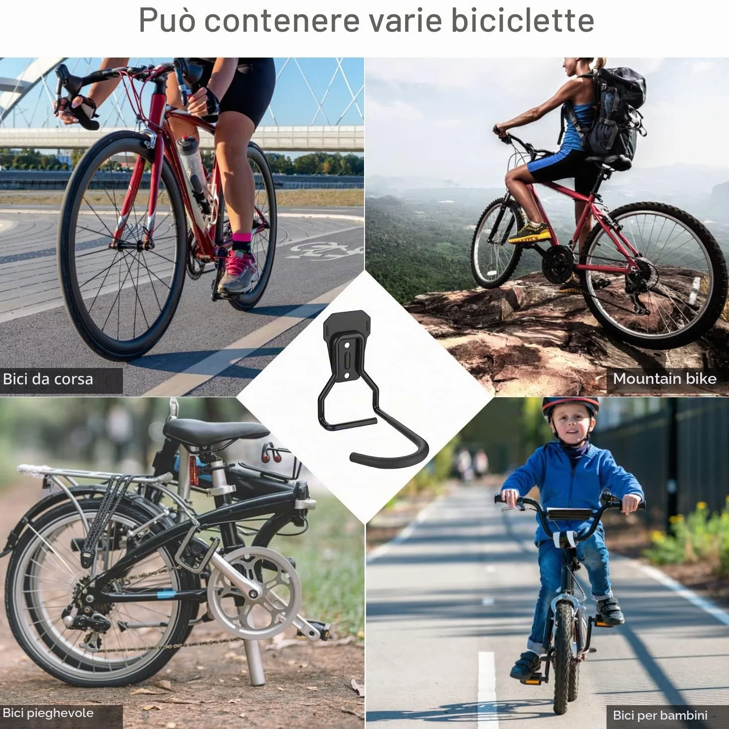 Housolution Appendi Bici da Muro, 4 Supporti Bici da Parete in Ferro Battuto con Imbottiture in EVA, Ganci Pieghevoli, Nero