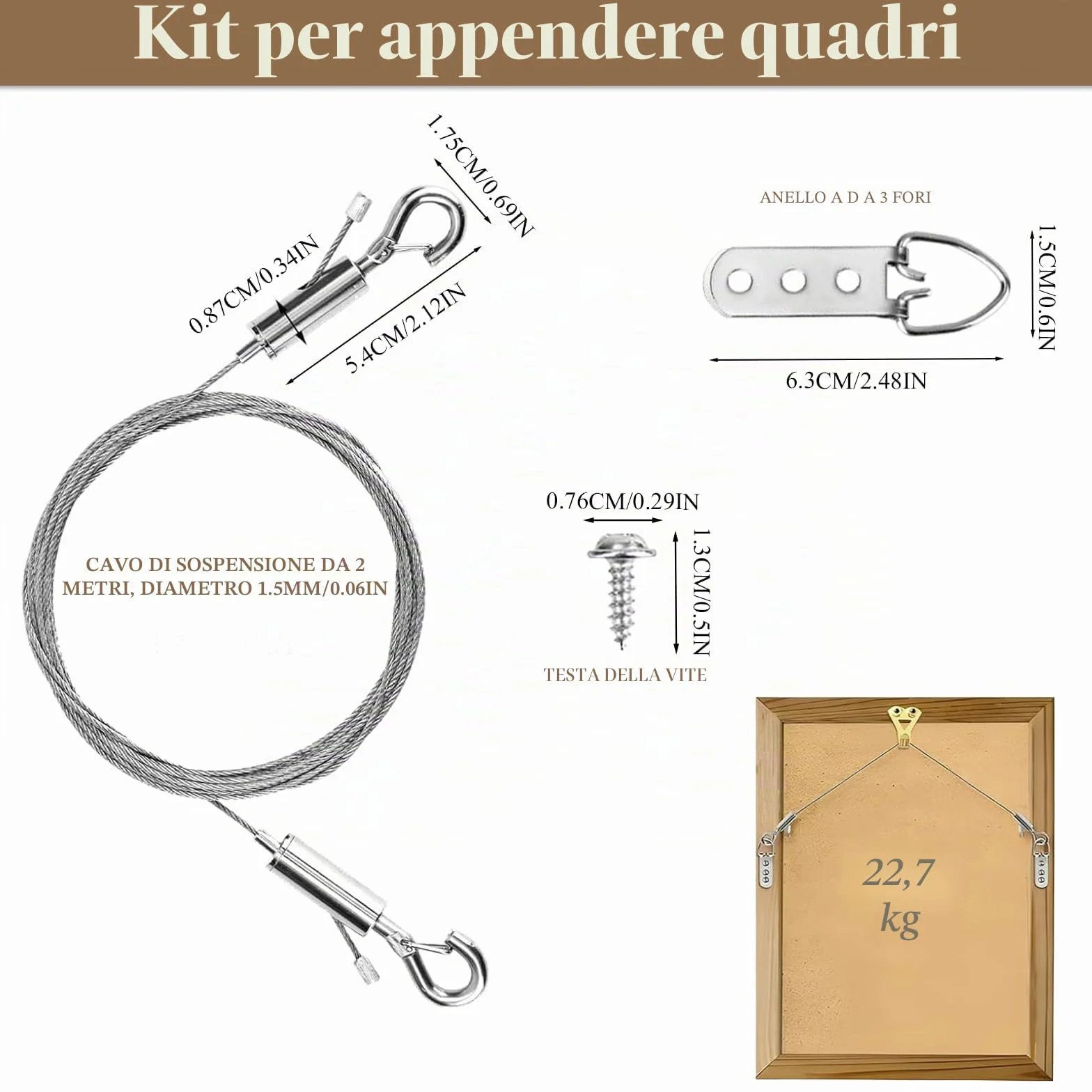 Kit Filo per Appendere Quadri, 2 Pezzi Cavo Regolabile 2m x 1mm, Ganci, Anelli a D, Viti, Corda Acciaio Inossidabile