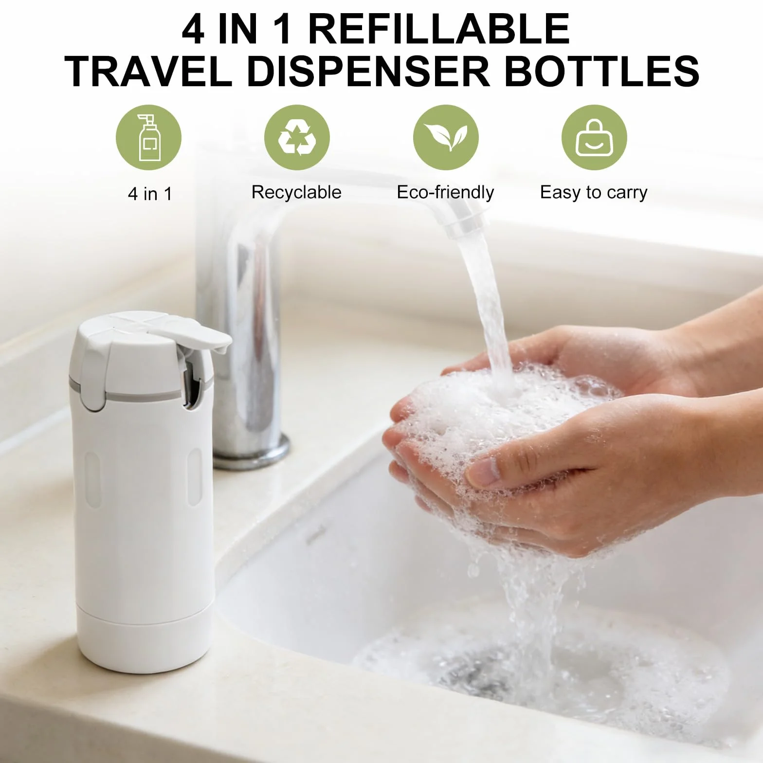 4 in 1 Bottiglie da Viaggio, Set Contenitori da Viaggio con Etichette, Bottiglie Ricaricabili per Shampoo, Balsamo, Lozione e Crema, Flaconi Portatili Antiperdita, Kit Viaggio Aereo Bagaglio a Mano