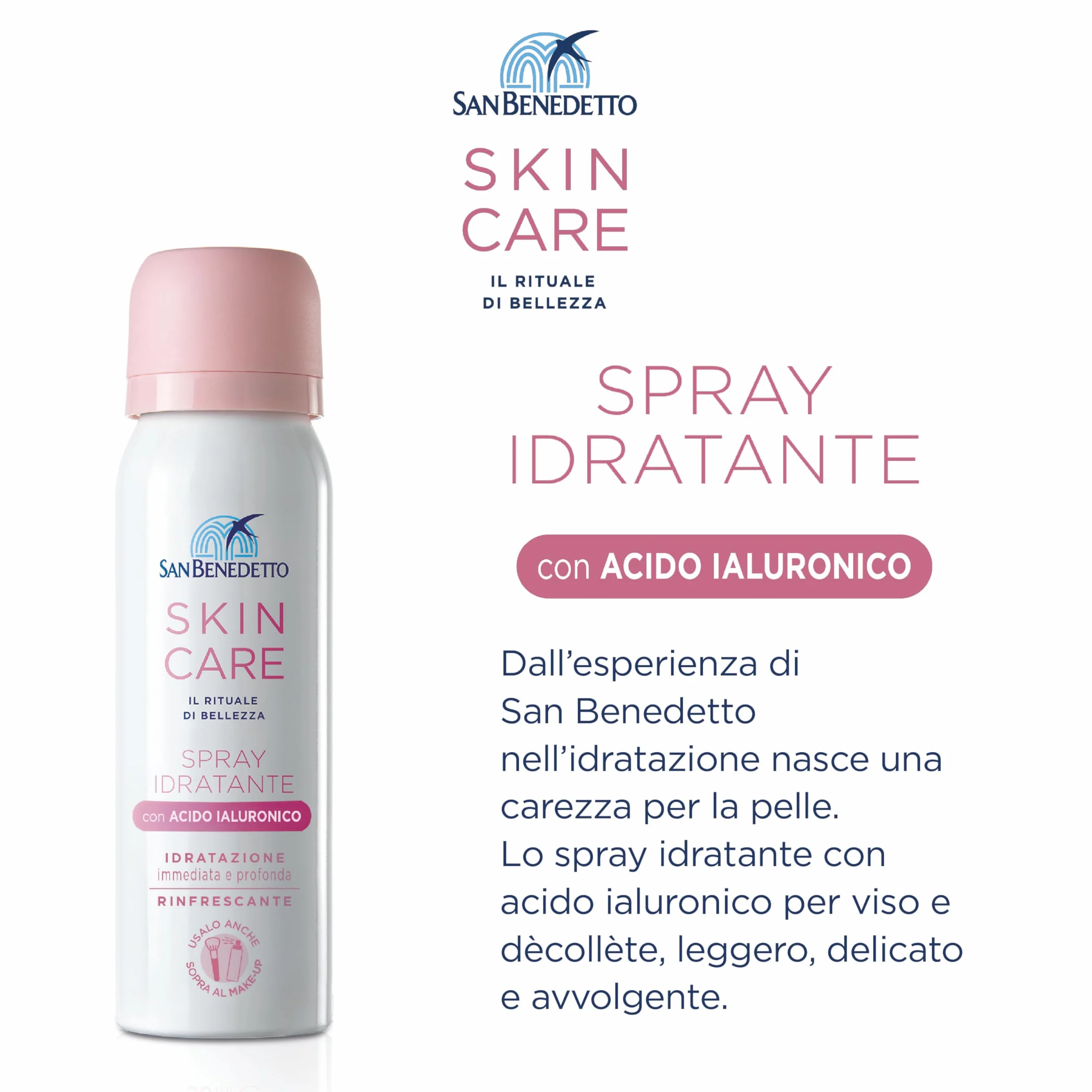 San Benedetto SKIN CARE MIST, Spray Idratante Viso con Acido Ialuronico 50ml, Effetto Nuvola Ideale Sopra il Make-up e in Viaggio, 97% Ingredienti Origine Naturale, Testato per Pelli Sensibili