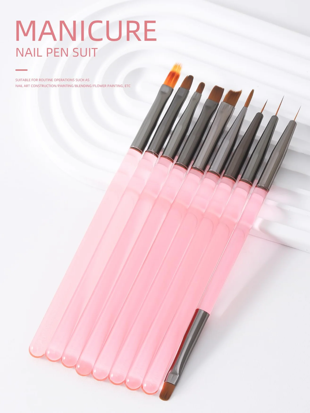 Set di pennelli per nail art, 9 pennelli per nail art, pennelli professionali per nail art, pennelli per unghie sottili, rosa