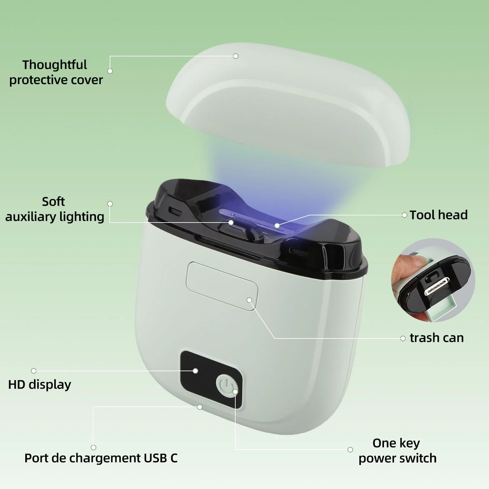Tagliaunghie Elettrico 3 in 1 Ricaricabile USB-C, Taglia Unghie Automatico con Luce LED e Display, 3 Velocità, Lima Unghie Elettrica con Raccolta Polvere, per Bambini Adulti Anziani (Verde)