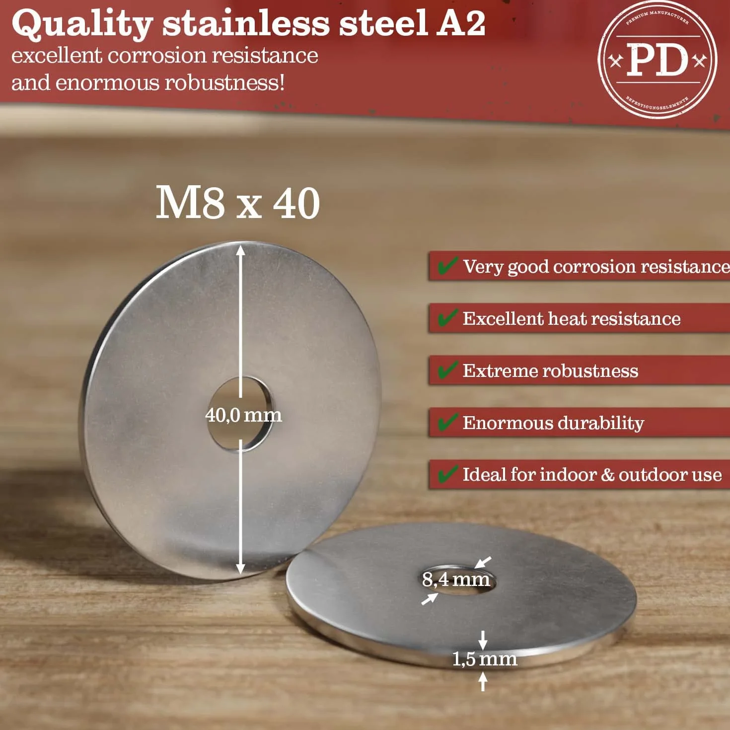 Rondelle Corpo M8 x 40 Acciaio Inox A2 V2A Extra Large 10 Pezzi
