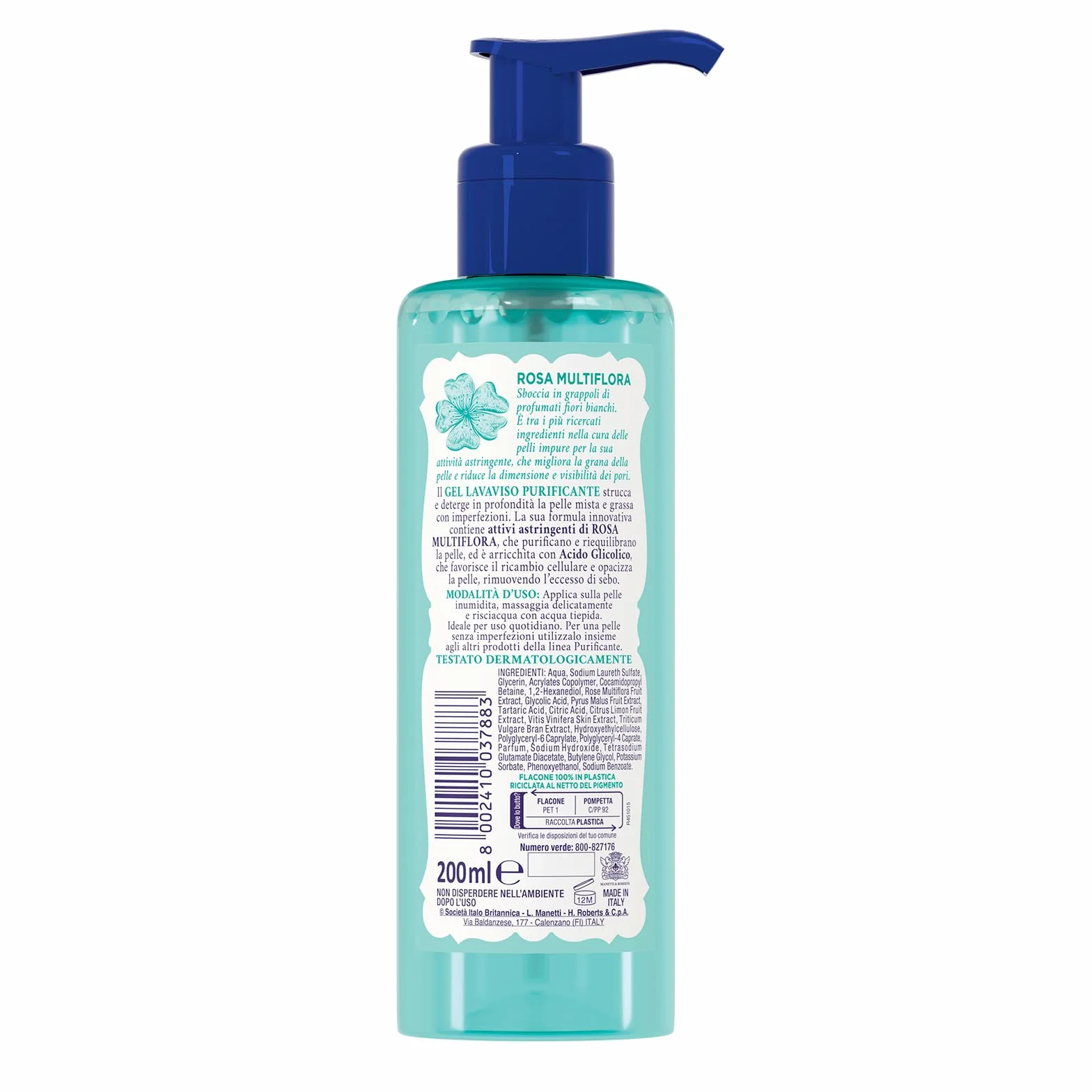 Acqua alle Rose, Gel Lavaviso Purificante con Attivi Astringenti di Rosa Multiflora, Detergente Viso per Pelli Miste o con Imperfezioni, Deterge, Purifica e Opacizza, Uso Quotidiano, 200 ml