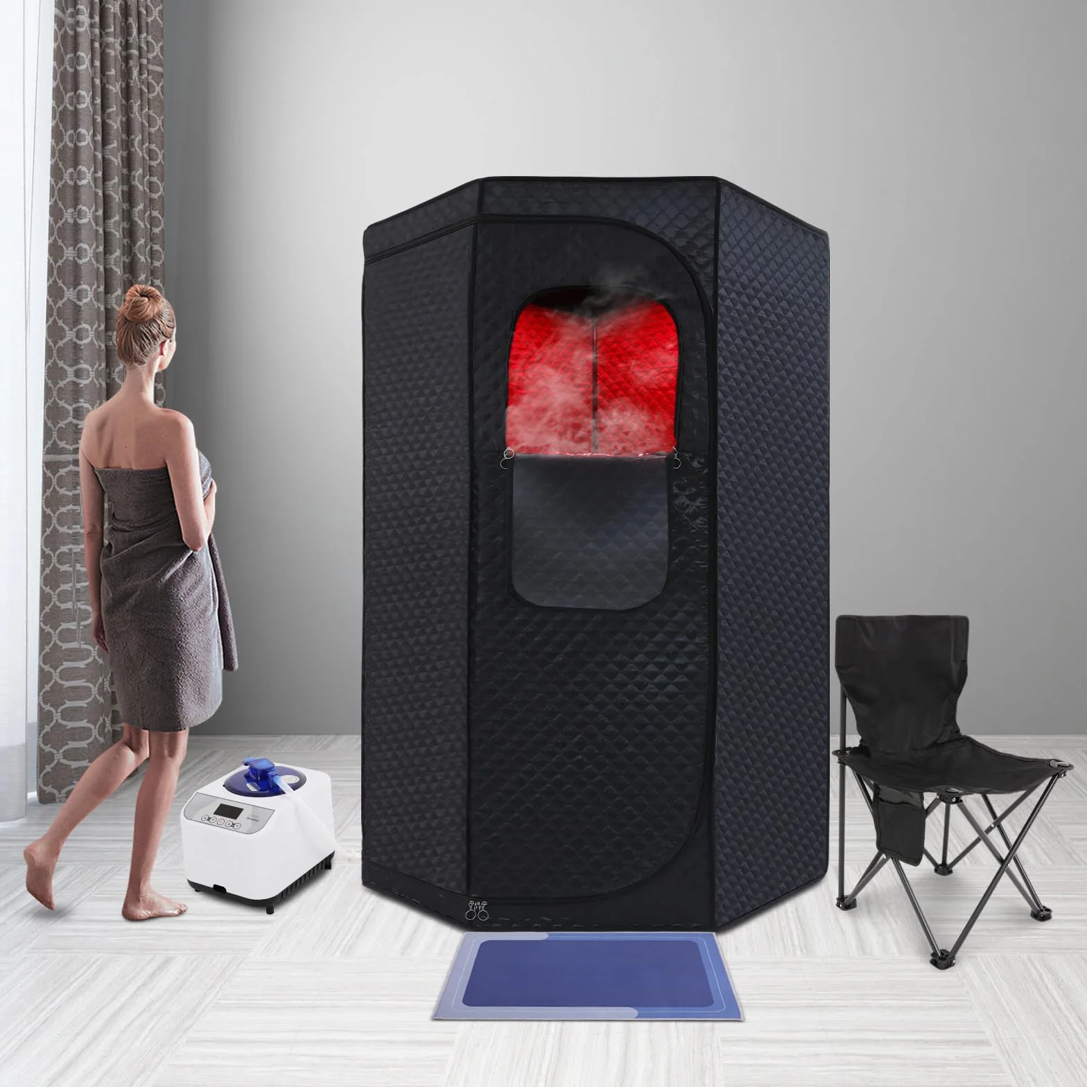 Tenda sauna a vapore infrarossi con sedia pieghevole e caldaia 1500 W per casa e spa