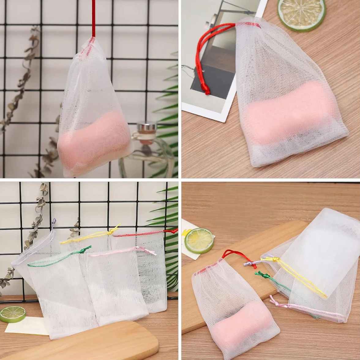 LABRIMP 50 Pezzi Sacchetti Portasapone in Pe Rete Schiumogena la Pulizia del Viso, Design Laccetto Appendibile, Borsa Pratica per Sapone Solido e Detergente