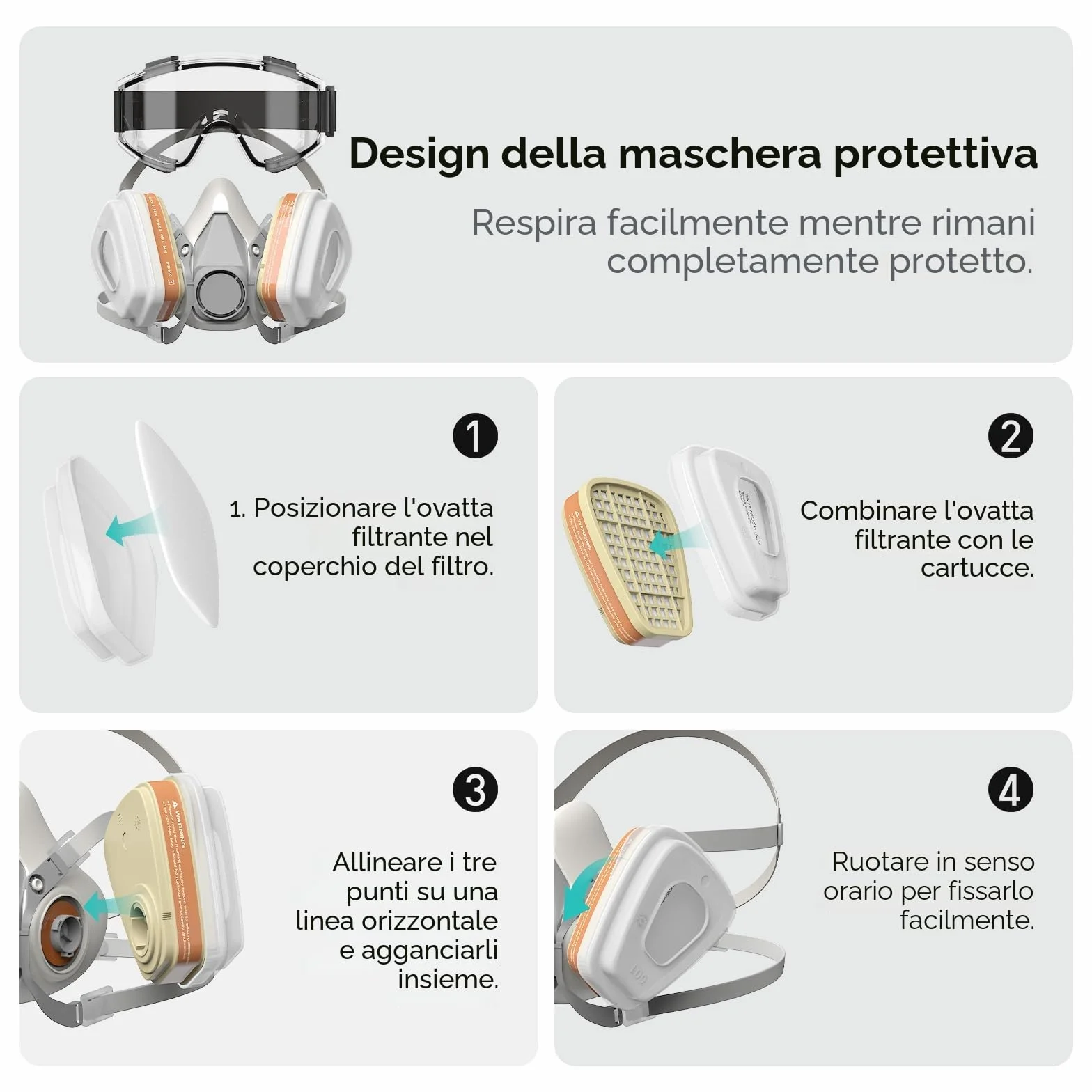 AIMAX Maschera di protezione respiratoria con filtro A1P2, occhiali protettivi, riutilizzabile per verniciare, levigare, spruzzare