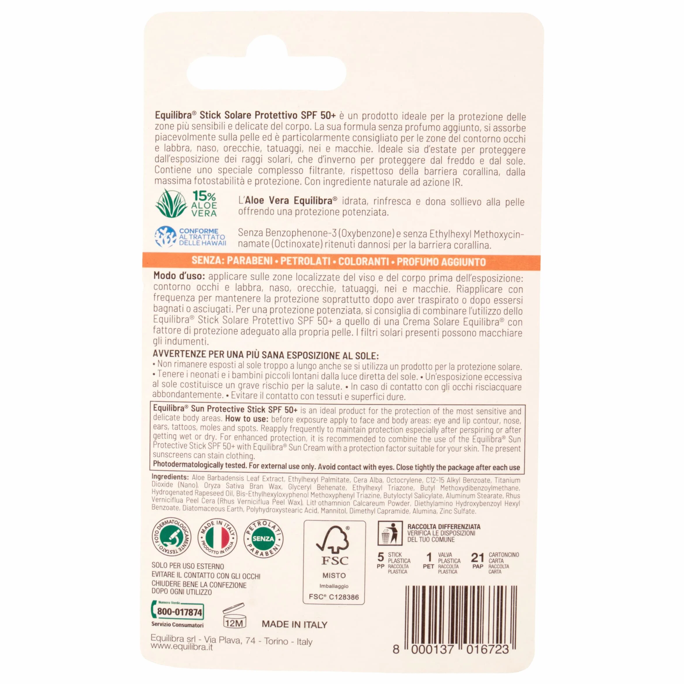 Equilibra Solari, Aloe Stick Solare Protettivo SPF 50+, Stick Solare a Base di Aloe Vera per Proteggere le Zone Sensibili, per Contorno Occhi, Labbra, Naso, Orecchie, Tatuaggi, Nei e Macchie, 12 ml