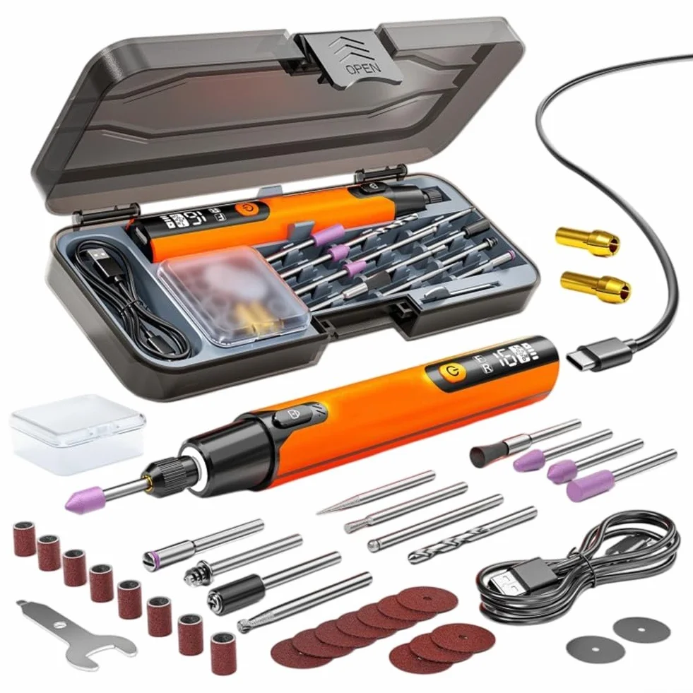 Strumento rotante senza fili con display LED, 30 accessori multiuso, set arancione