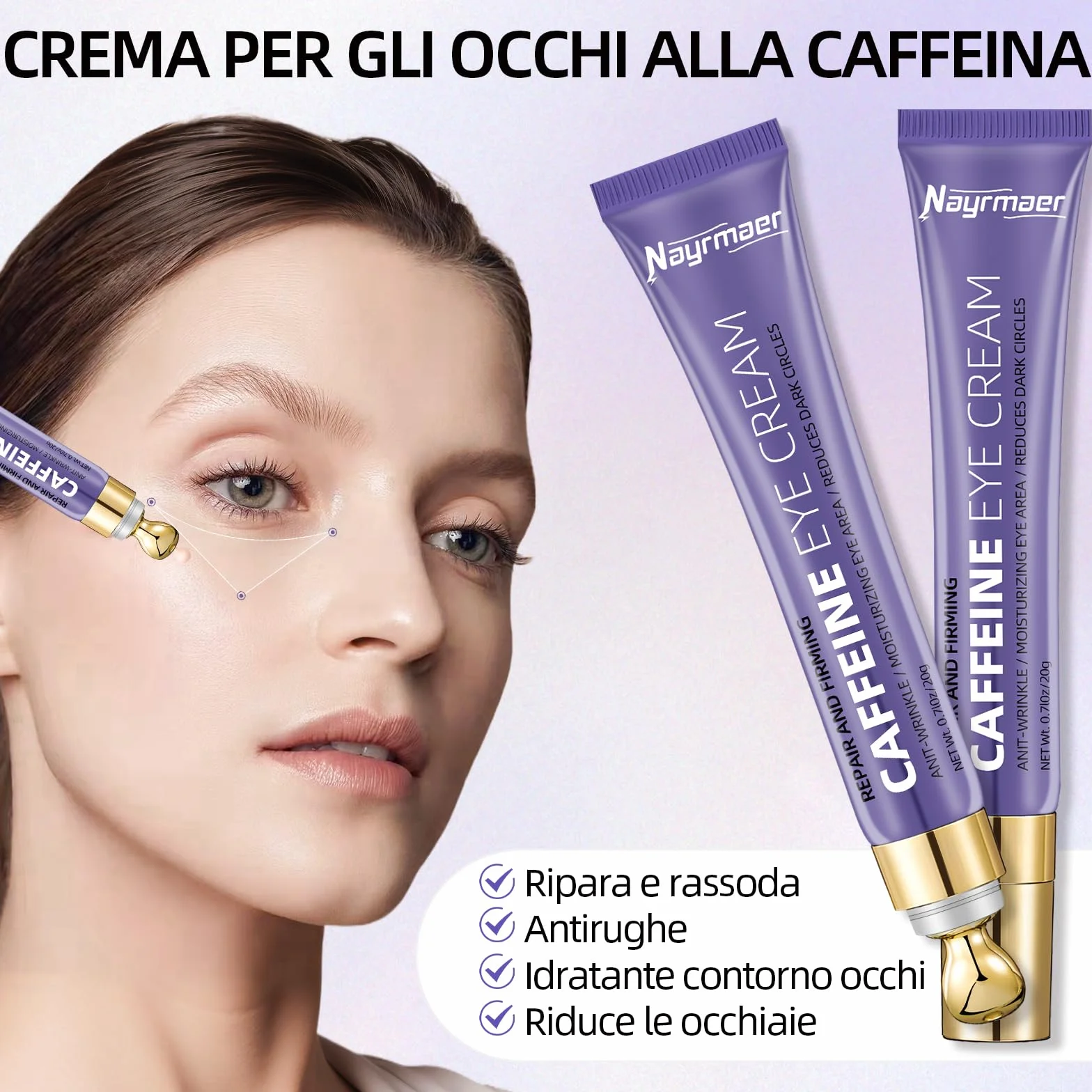 Crema Contorno Occhi alla Caffeina 20g, Riduce le Occhiaie e il Gonfiore, Contiene Niacinamide e Acido Ialuronico, Idratante, Adatta a Tutti i Tipi di Pelle
