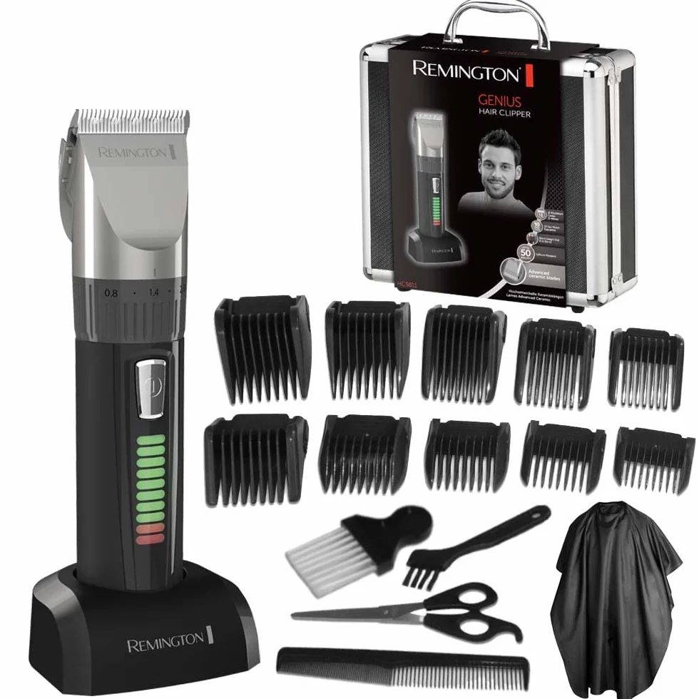 Remington Tagliacapelli Professionale - Lame in Ceramica autoaffilanti - 10 pettini, Funzionamento a rete-batteria, Batteria al litio a lunga durata, Custodia pro in alluminio, Mantella, HC5811