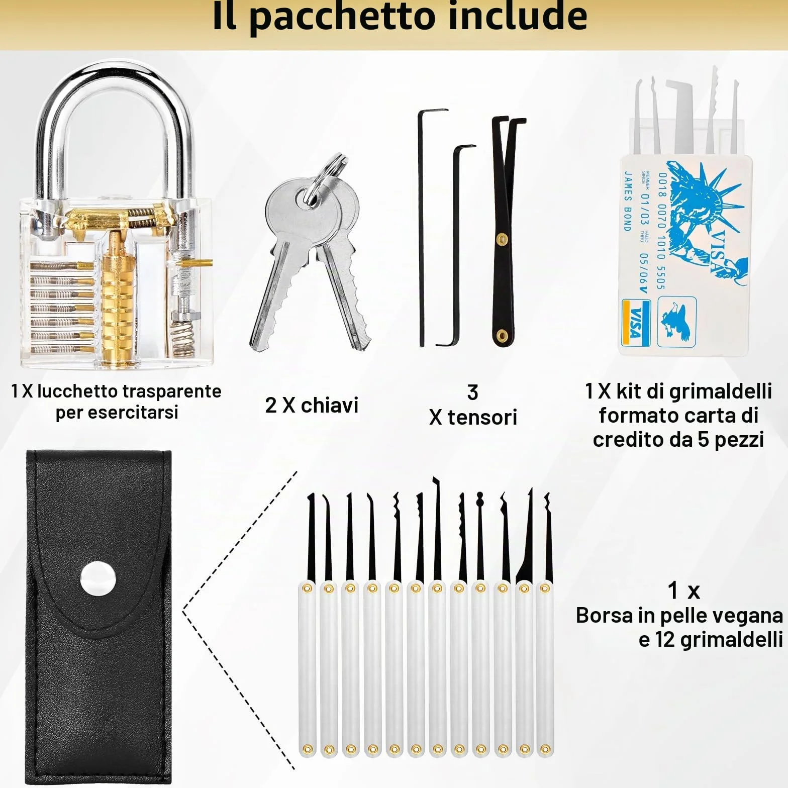 Fabbro Kit Apertura Serratura Universale Lockpicking con Lucchetto Trasparente da Allenamento e Grimaldelli Carta di Credito Set Principianti