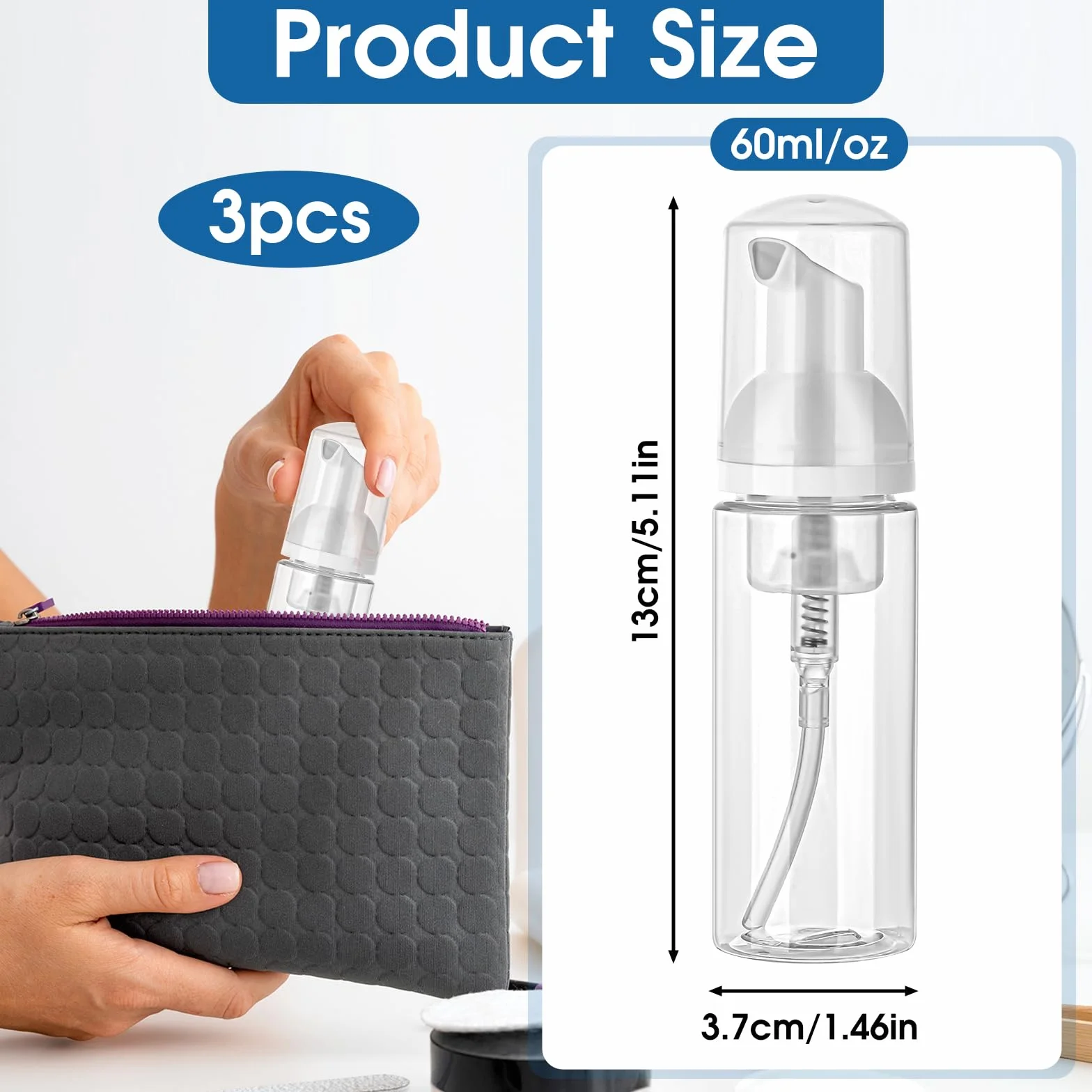Giantree 3 dispenser di sapone in schiuma, da viaggio, di piccole dimensioni, ricaricabile, vuoto, trasparente, per sapone per mani, lavaggio viso, shampoo per ciglia, cura della pelle (60 ml/2 oz)
