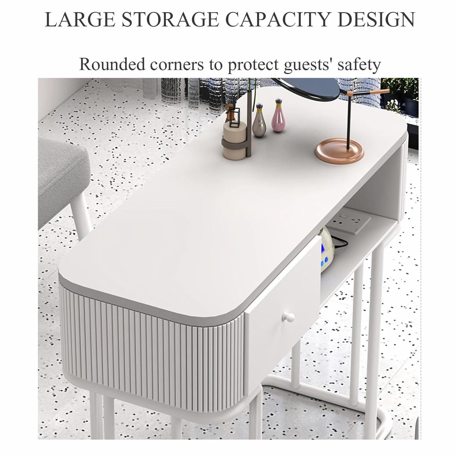 Tavolo per unghie compatto moderno,Tavolo per manicure per artisti,Scrivania per salone spa in legno,Postazione di lavoro per bellezza,Stazione per tavolo per manicure e truccatura Con ripiani apert