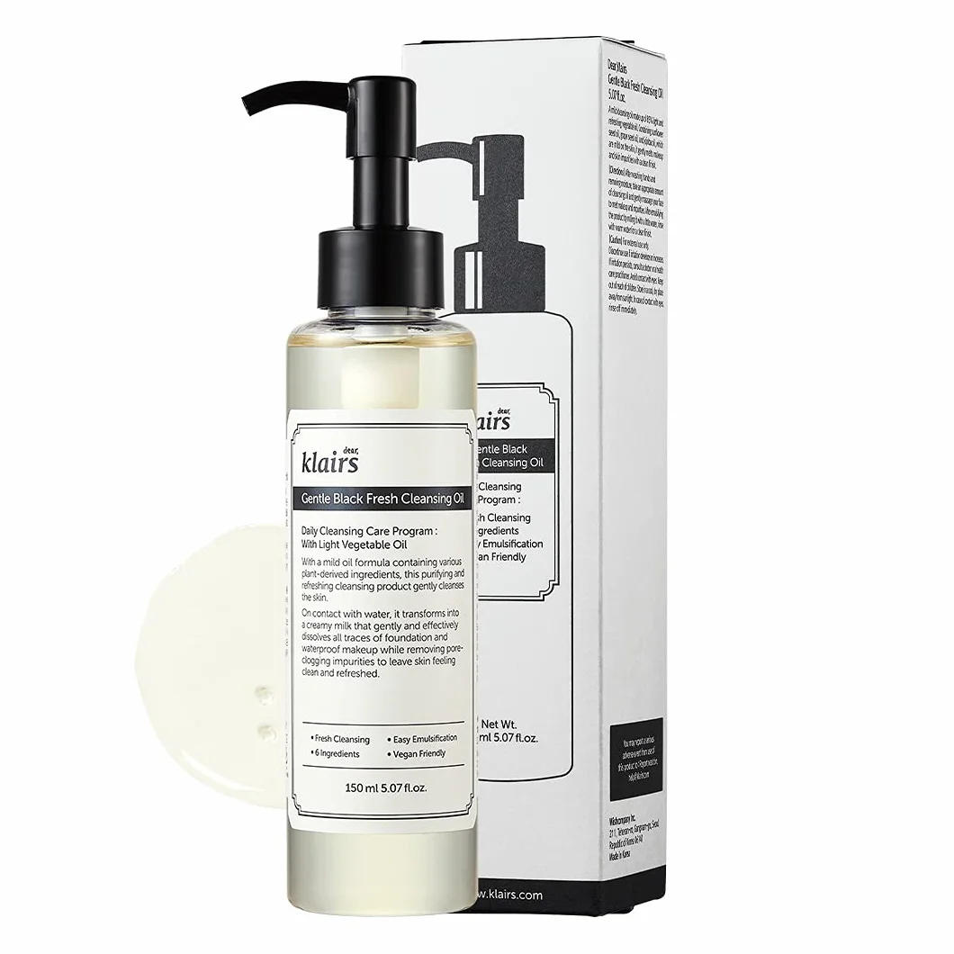 DearKlairs Gentle Black Fresh Cleansing Oil, una texture leggera e spalmabile, solo 6 ingredienti (5.07 Fl Oz)