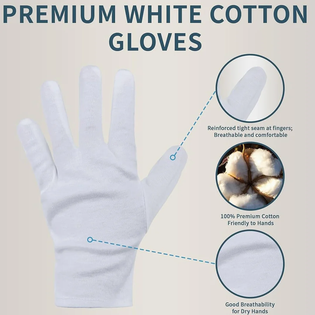 2 Paia Guanti in Cotone Bianco - Unisex, Lavabili e Traspiranti per Cura della Pelle, Lavoro e Notte - Guanti Bianchi in Stoffa Morbida e Ideali per Crema per le Mani