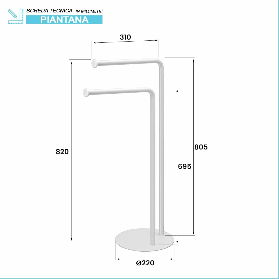 Inbagno Piantana Bagno Portasciugamani salvaspazio H 69,5 cm 2 Barre Acciaio Bianco