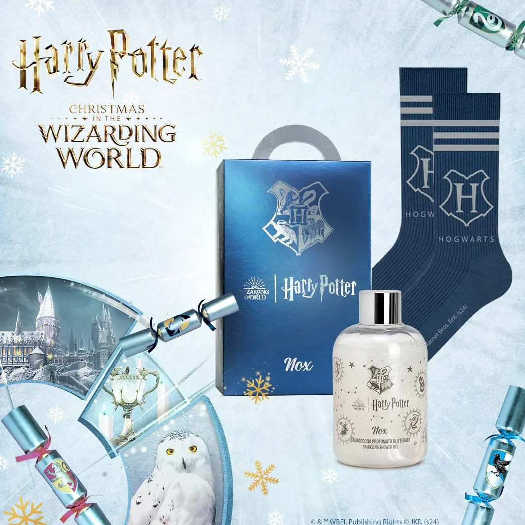 HARRY POTTER NOX | Confezione Regalo, Shower Gel 300ml e Calzini Ufficiali 'Hogwarts', Blu-Grigio