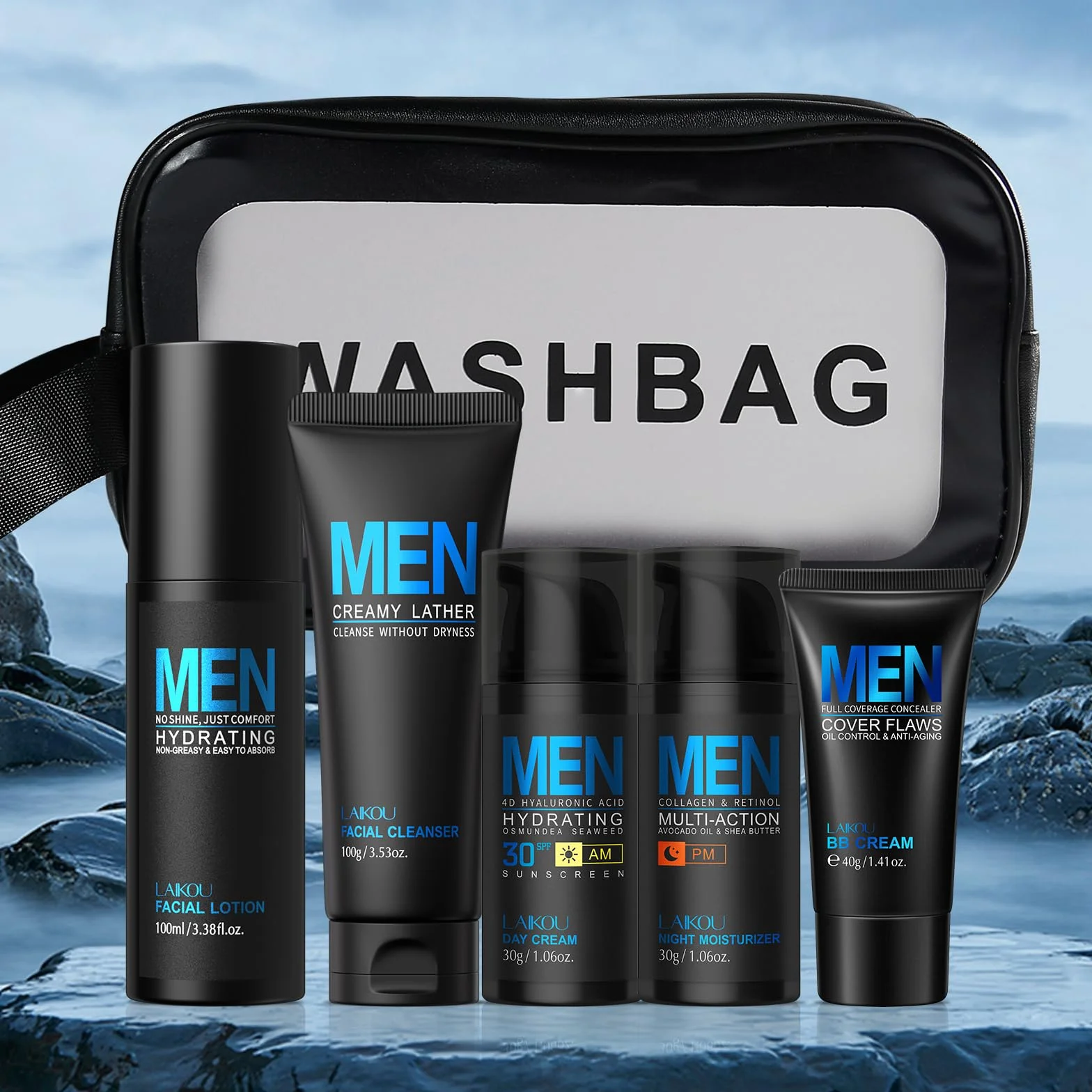LAIKOU Cura Viso Uomo Kit, 5 pezzi Set per la Cura della Pelle del Viso da Uomo con Detergente Tonico Crema Giorno e Notte BB Cream, Per Pelle Stanca e Spenta, Effetto Idratante e Opacizzante