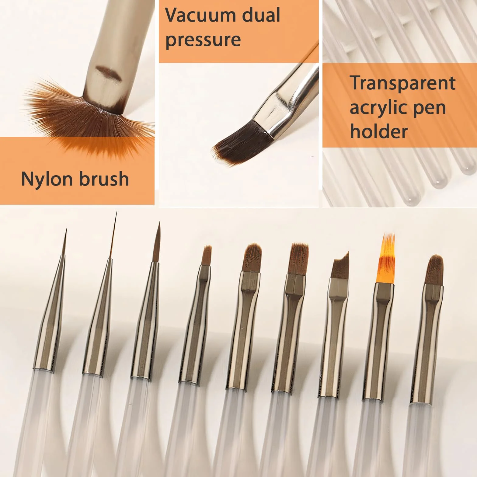 Set 9 Pennelli per Unghie Gel Grigio Ghiaccio,Pennelli per Ricostruzione Unghie e French Nails, Include Pennello Scultura Cristallo e Sfumatore, Set Professionale,per Disegno Lineare e Sfumatura