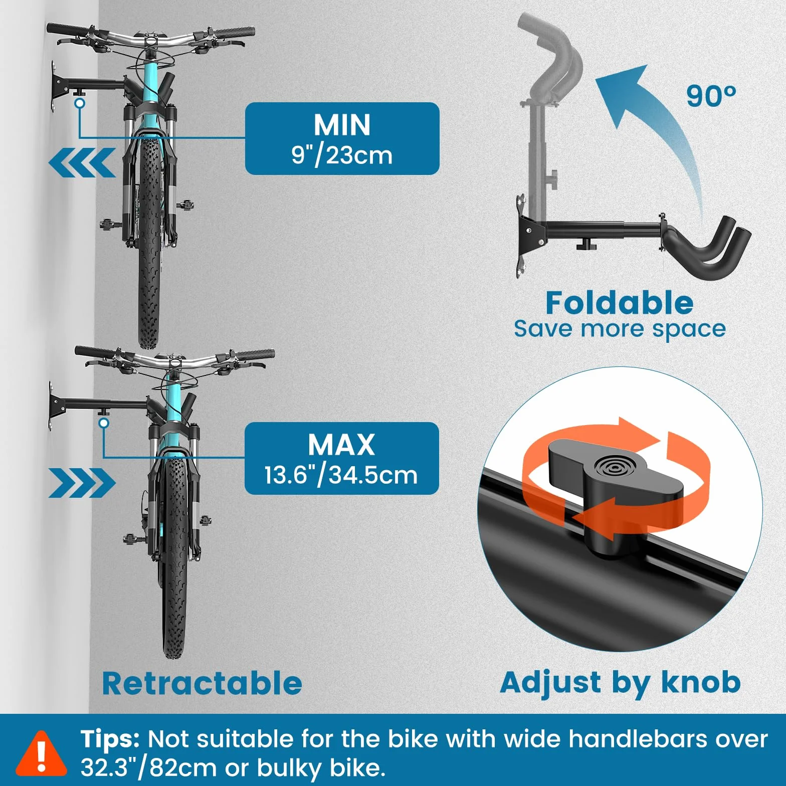 Housolution Supporto da Parete per Biciclette Rack da Garage Regolabile in Acciaio al Carbonio 48,5 lbs 1 Pezzi