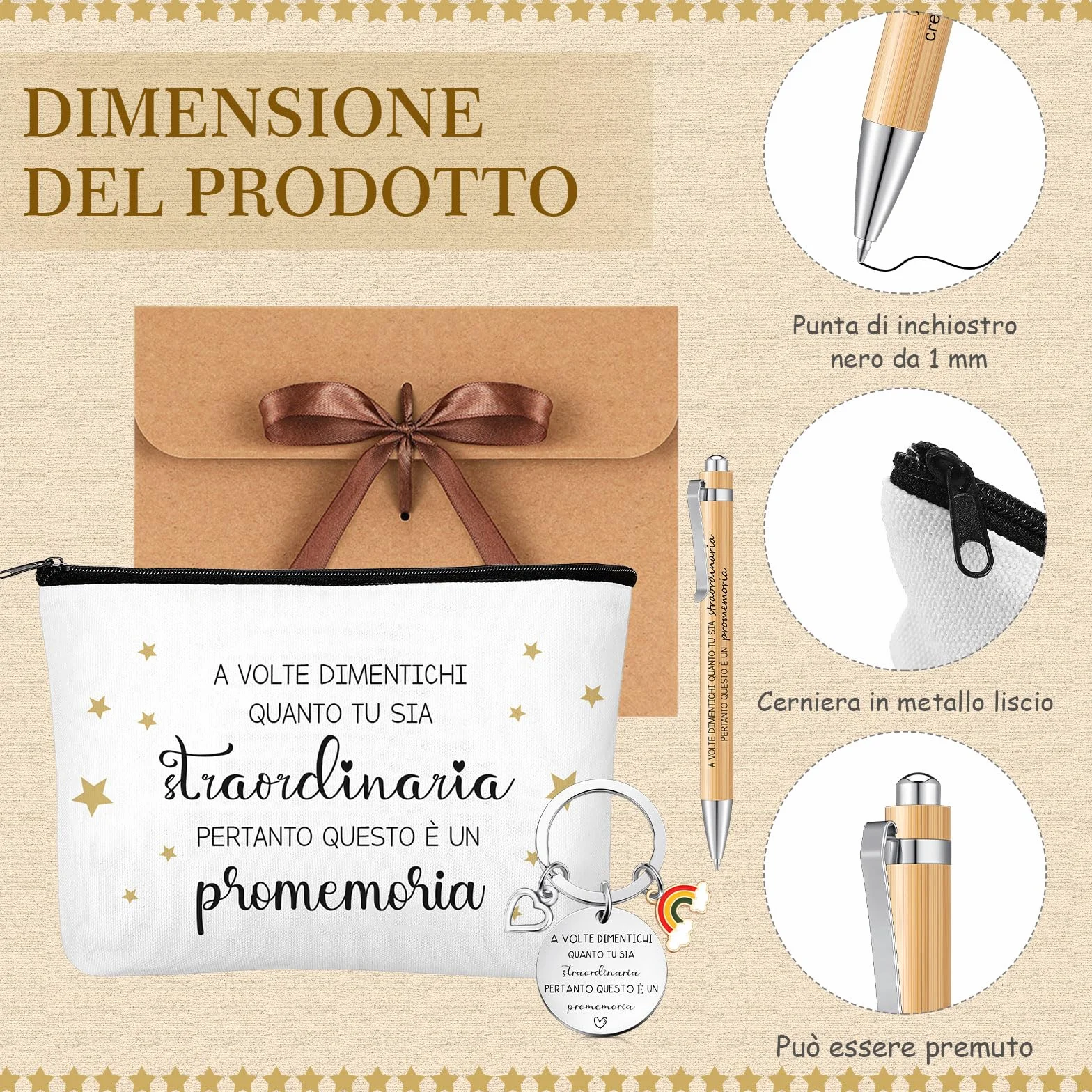 Set Regalo Motivazionale Portachiavi Regalo Ispiratore Citazione Ispiratrice Borsa per Trucco Penna a Sfera con Sacchetto Regalo per Collega e Amica Compleanno Natale Regalo(Bianco,Legno)