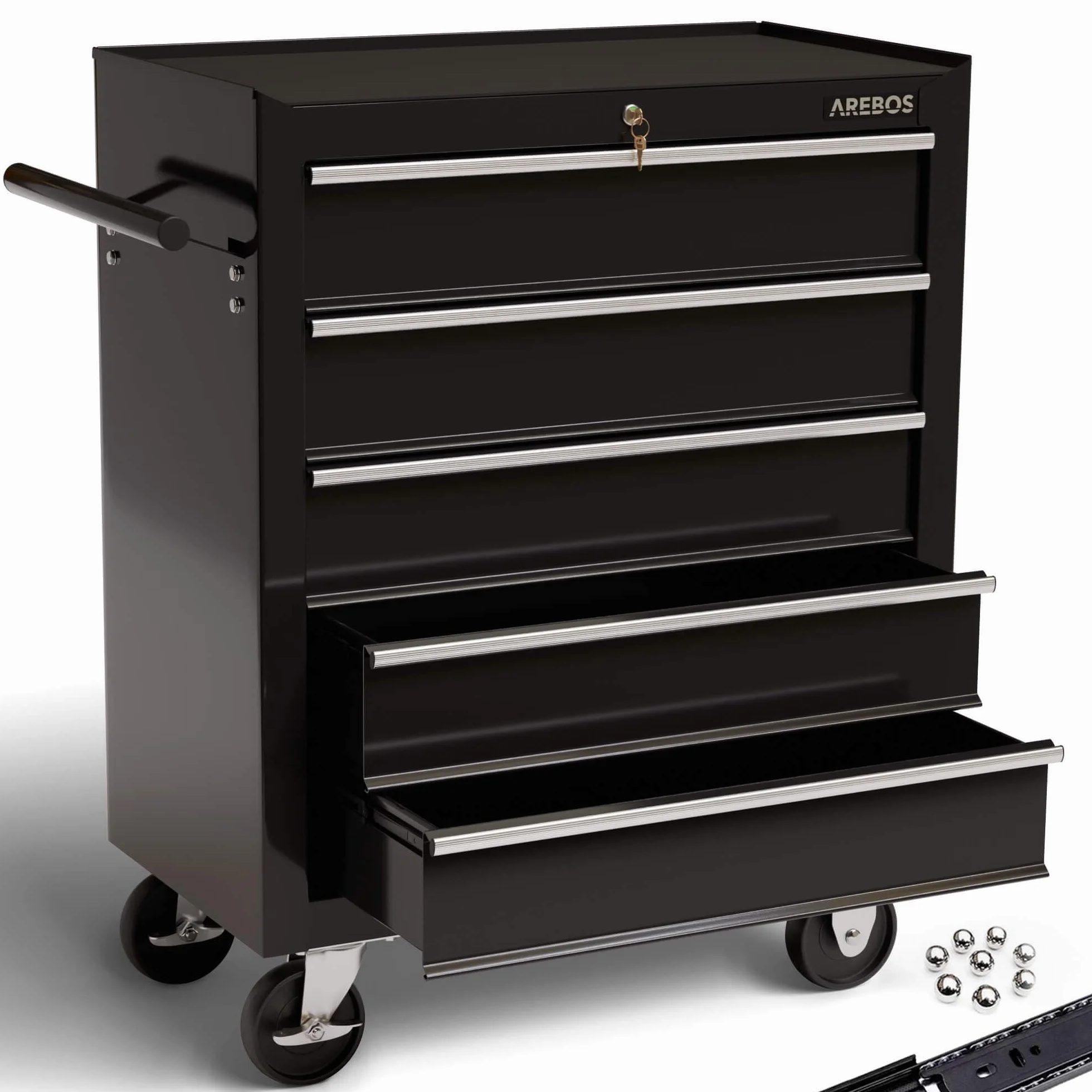 AREBOS carrello da officina a 5 scomparti con serratura centrale, ruote con freno, metallo massiccio, Nero