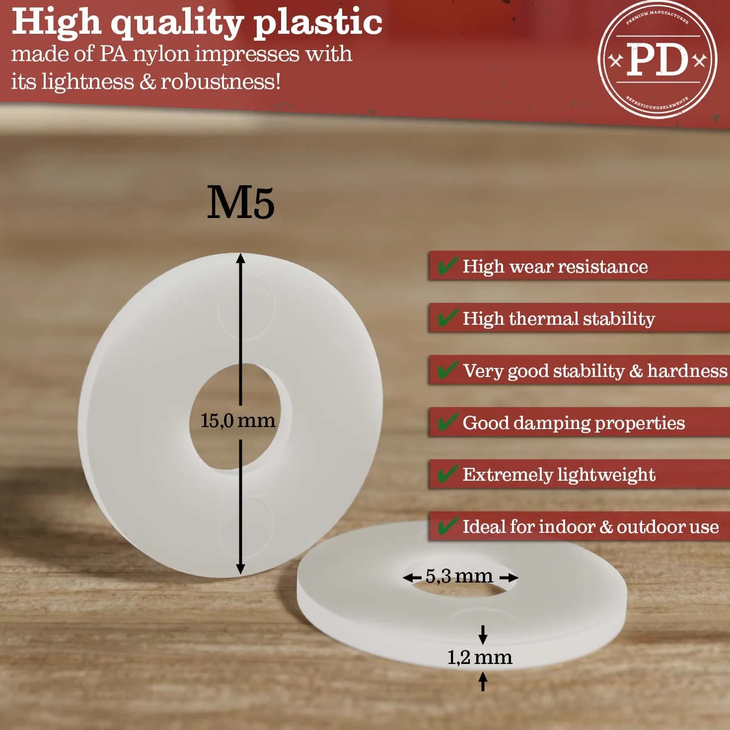 Rondelle M5 in plastica DIN 9021 ISO 7093 nylon PA diametro esterno grande 100 pezzi