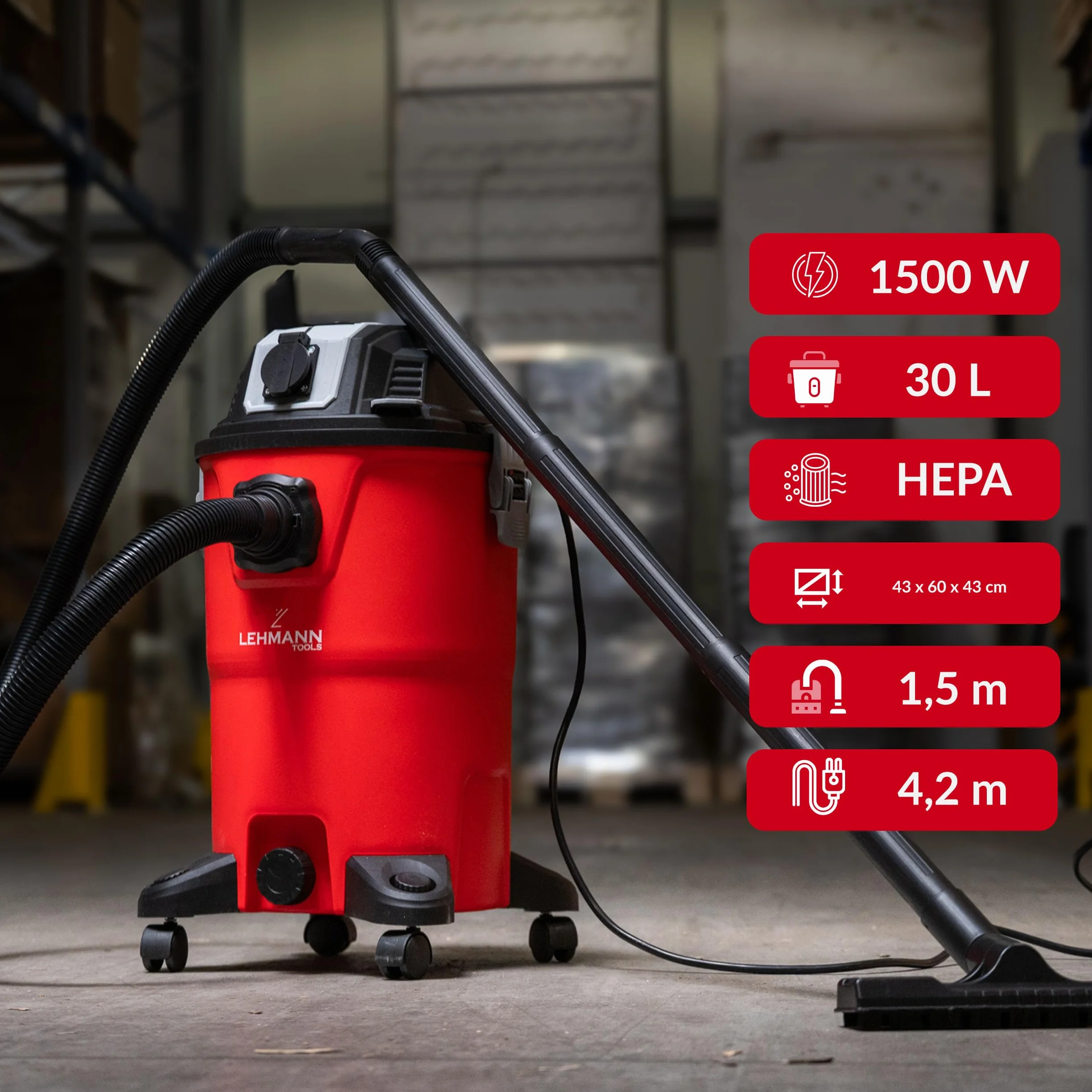 LEHMANN Aspirapolvere Industriale 30 L Aspira Solidi e Liquidi HEPA Soffiaggio