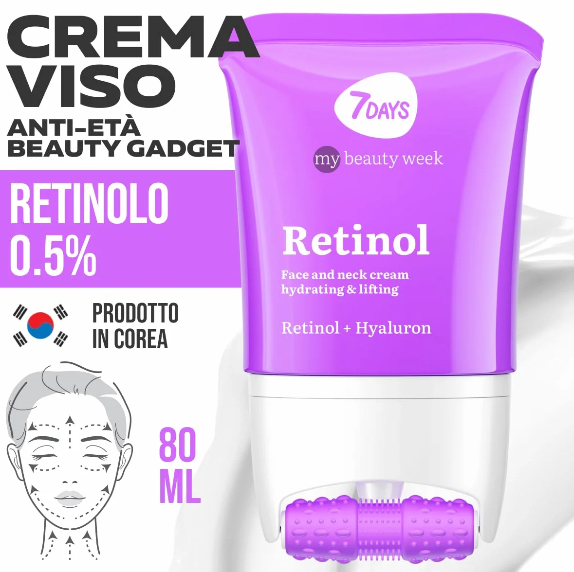 7DAYS Crema Viso e Collo Coreana Antirughe al Retinolo con Rullo Massaggiante – Effetto Lifting Rassodante e Compattezza, Azione Levigante, per Rughe e Linee Sottili, per il Doppio Mento, 80 ml