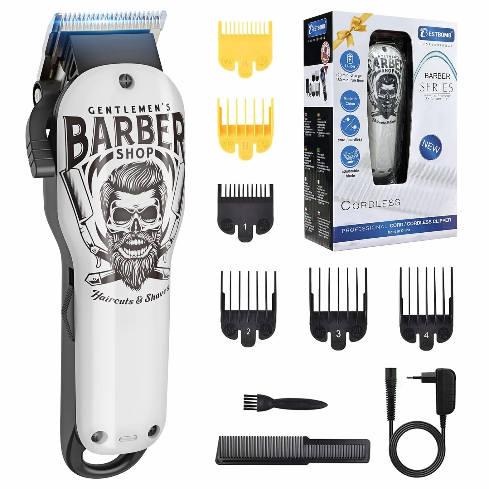 BESTBOMG Tagliacapelli Uomo Professionale Regolabarba Uomo Tagliacapelli Elettrico Ricaricabile con Pettine di Precisione 2000mAh Batteria Ricaricabile per Bambini Adulti Anziani Pet Salone (Bianco)